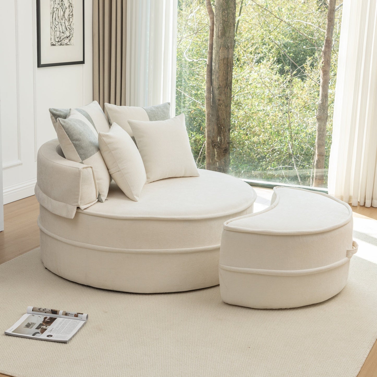 NEW Modern Oversized Beige Round Barrel Velvet Upholstered Lounge Armchair Accent Chair with Ottoman and 5 Pillows