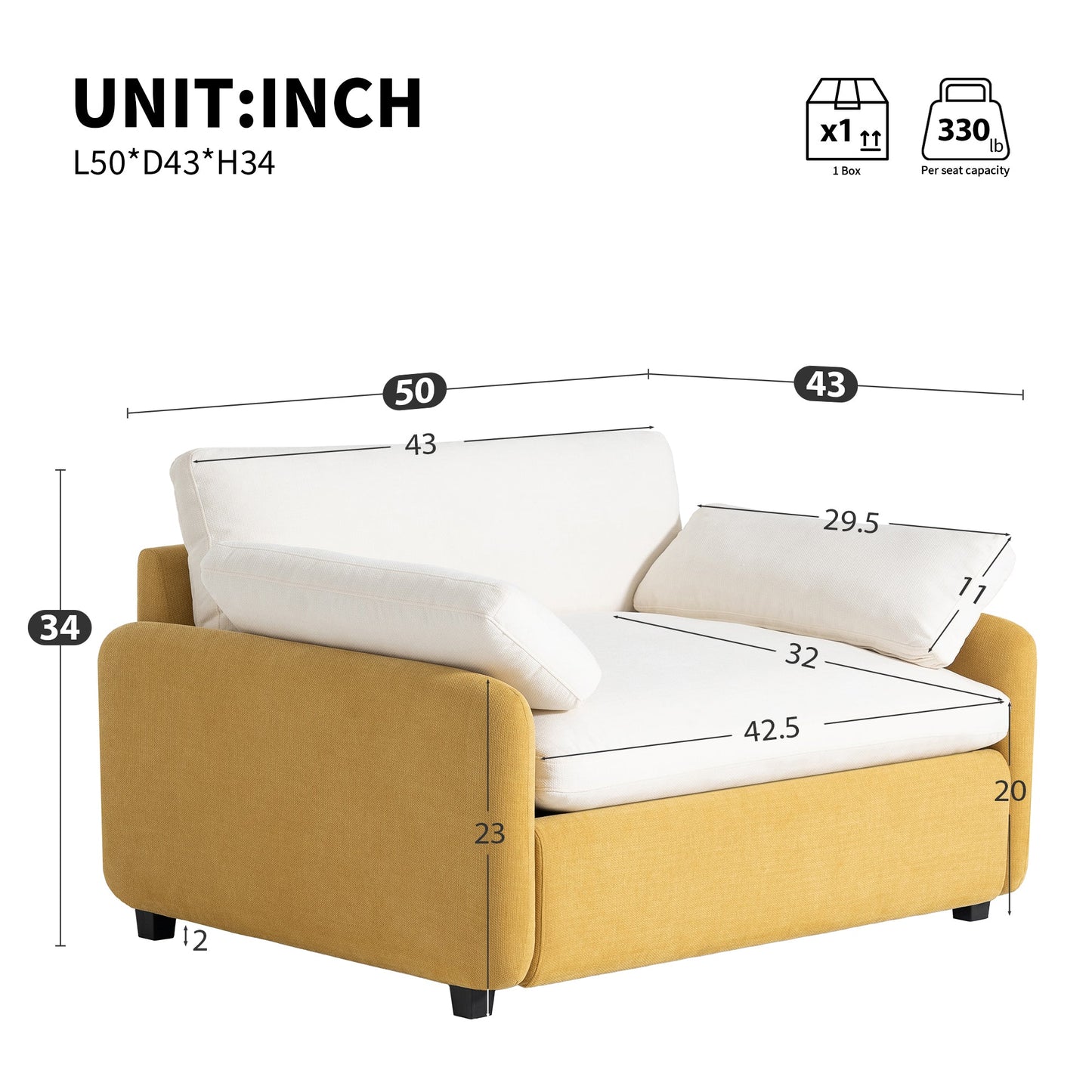 NEW Modern Oversized Chenille Armchair with Color Blocking and Pillows, 50*43' in Cream and Yellow