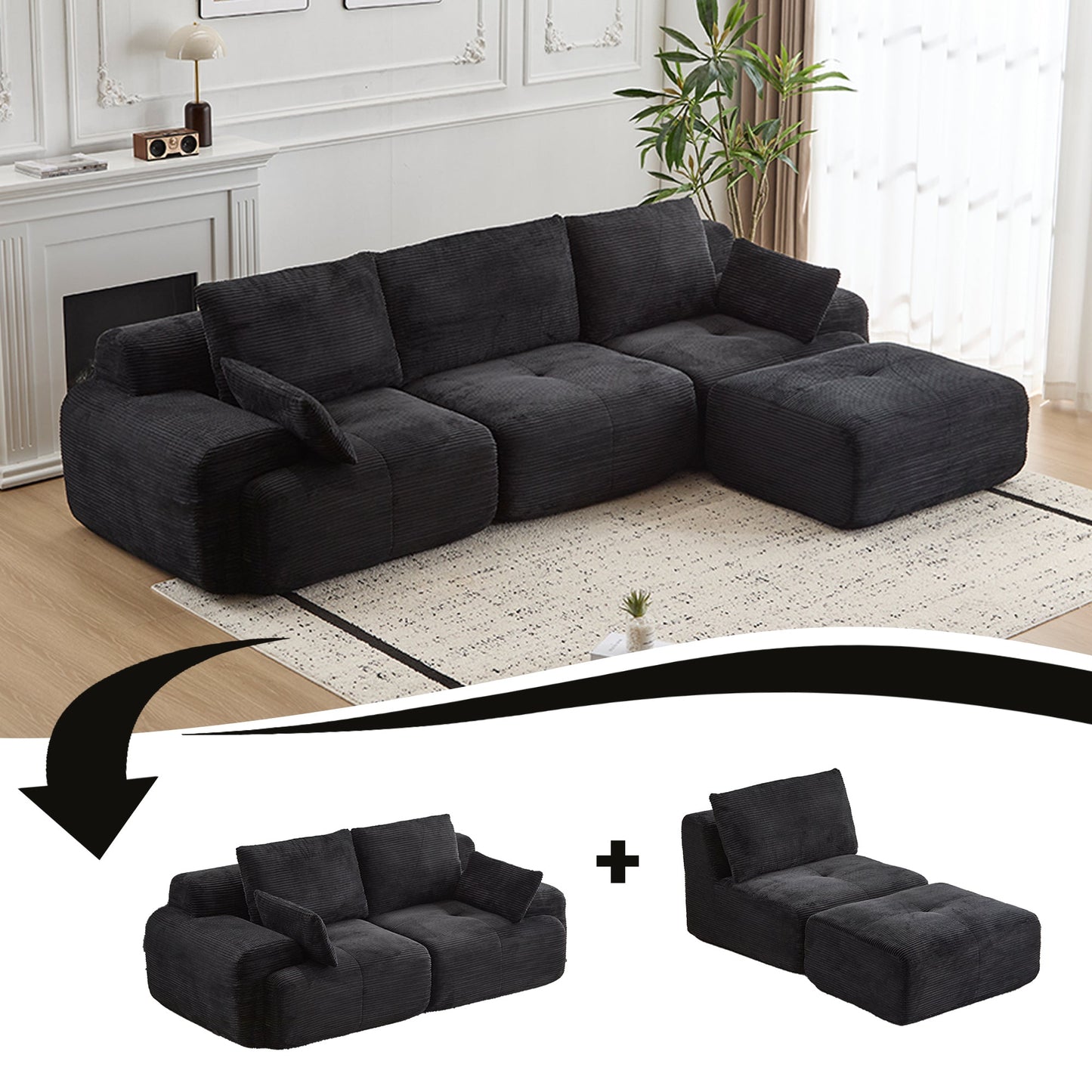 NEW Black Modern Large Memory Foam Sectional