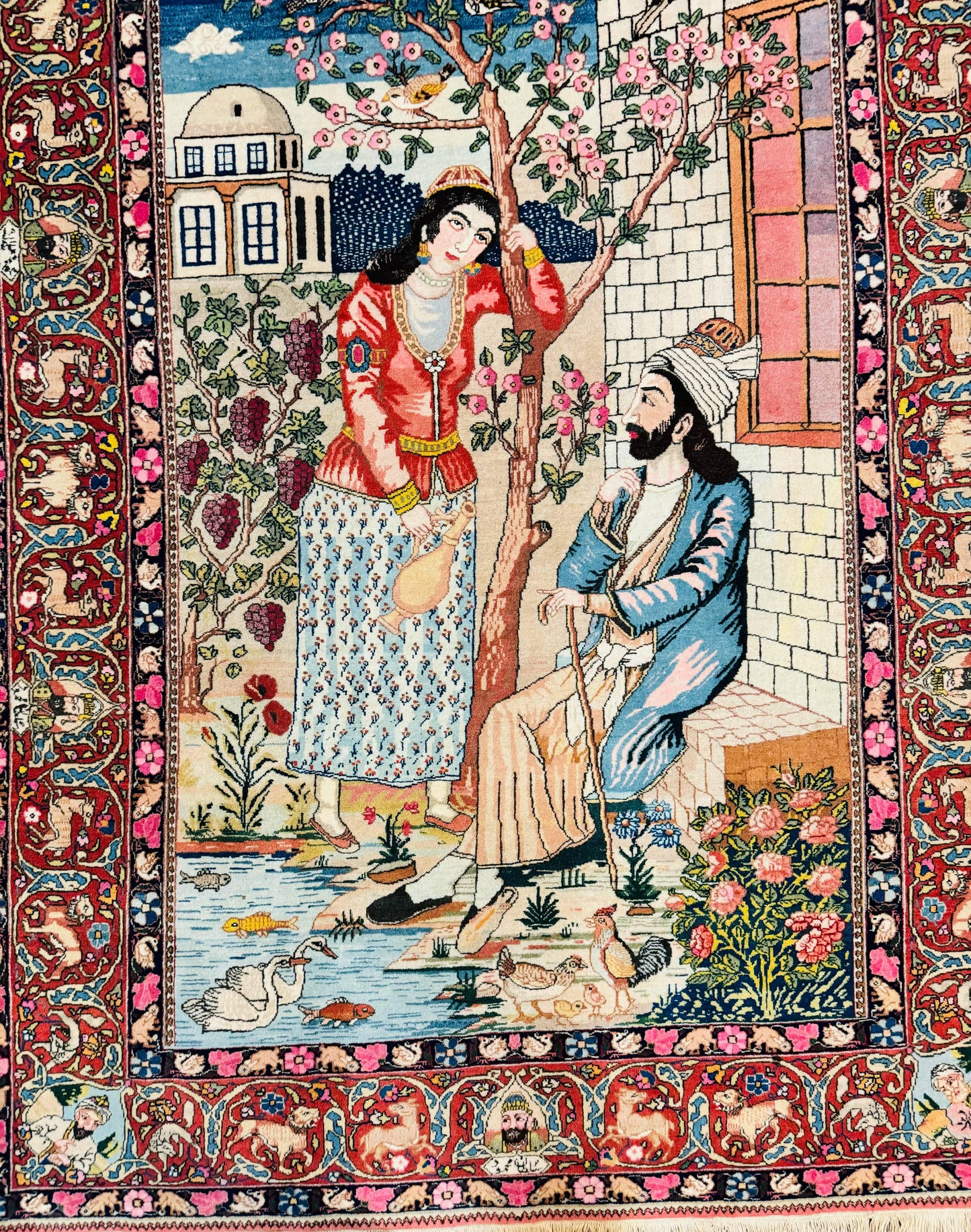 USED Wonderful Persian Kashan Pictorial Rug 4.7 x 6.5, Persian Rug for Wall Hanging, Handmade Antique Wool Carpet Animal Motifs Poetry Lovers, 240 KPSI