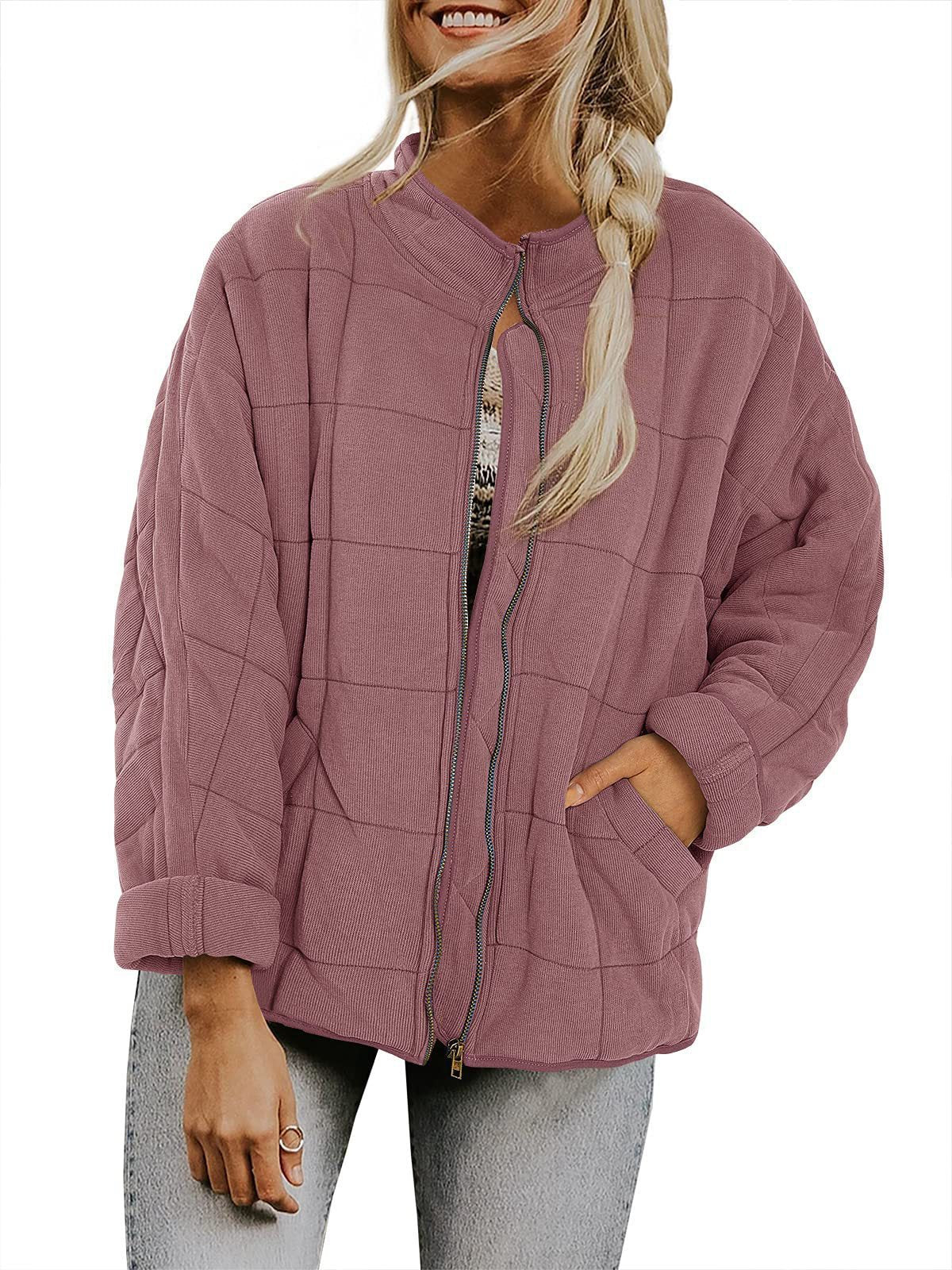 New Winter Zip-up Stand Collar Coat With Pockets Fashion Solid Color Plaid Long Sleeved Jacket Women's Clothing