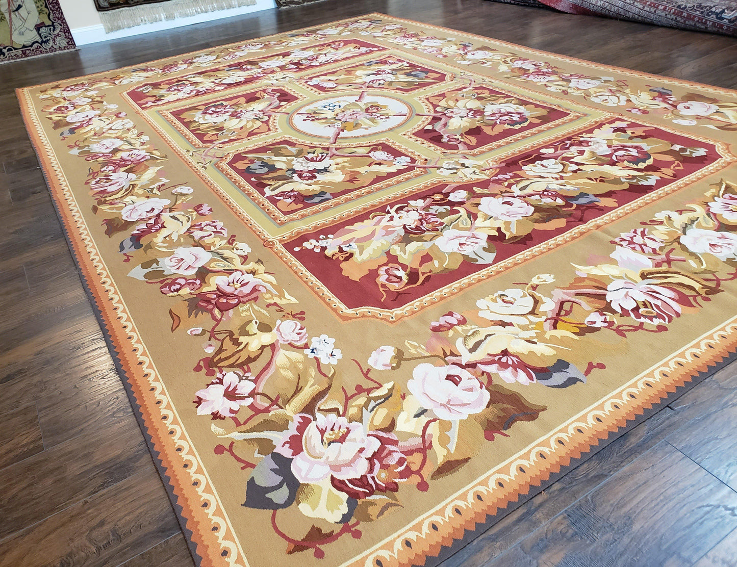 USED Vintage Chinese Aubusson Savonnerie Flat Pile Rug 9.9 x 14.5 Wool Handwoven Red & Khaki Large Flowers Rug 9x14 - 10x15 Michaelian Kolhberg