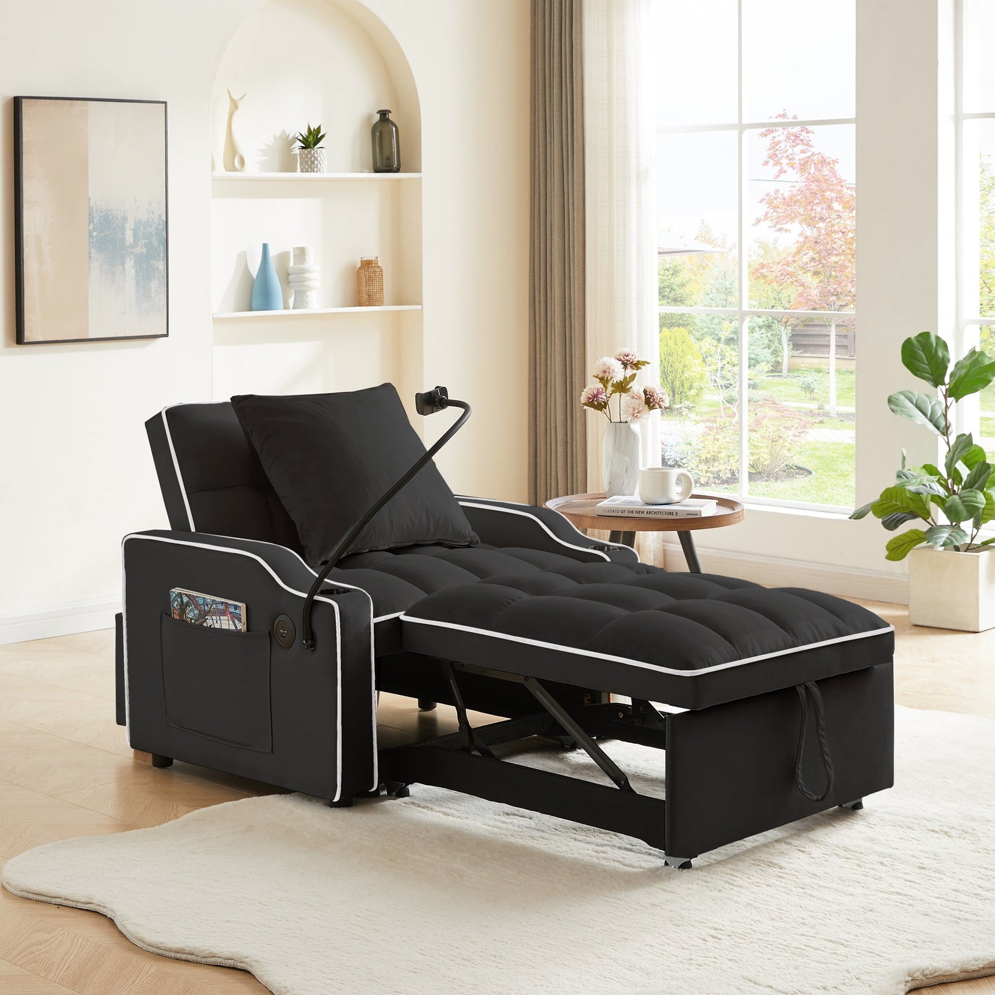 NEW Black Velvet Convertible 3-in-1 Sofa Bed with Multi-Pockets and Adjustable Sleeper