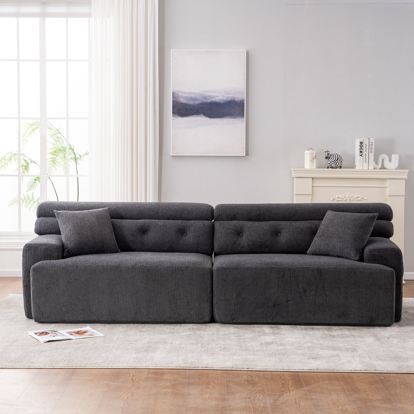 NEW LY-029 Gray 4-Seater Wood Grain Chenille Fabric Full Sponge Compression Sofa with 2 Pillows