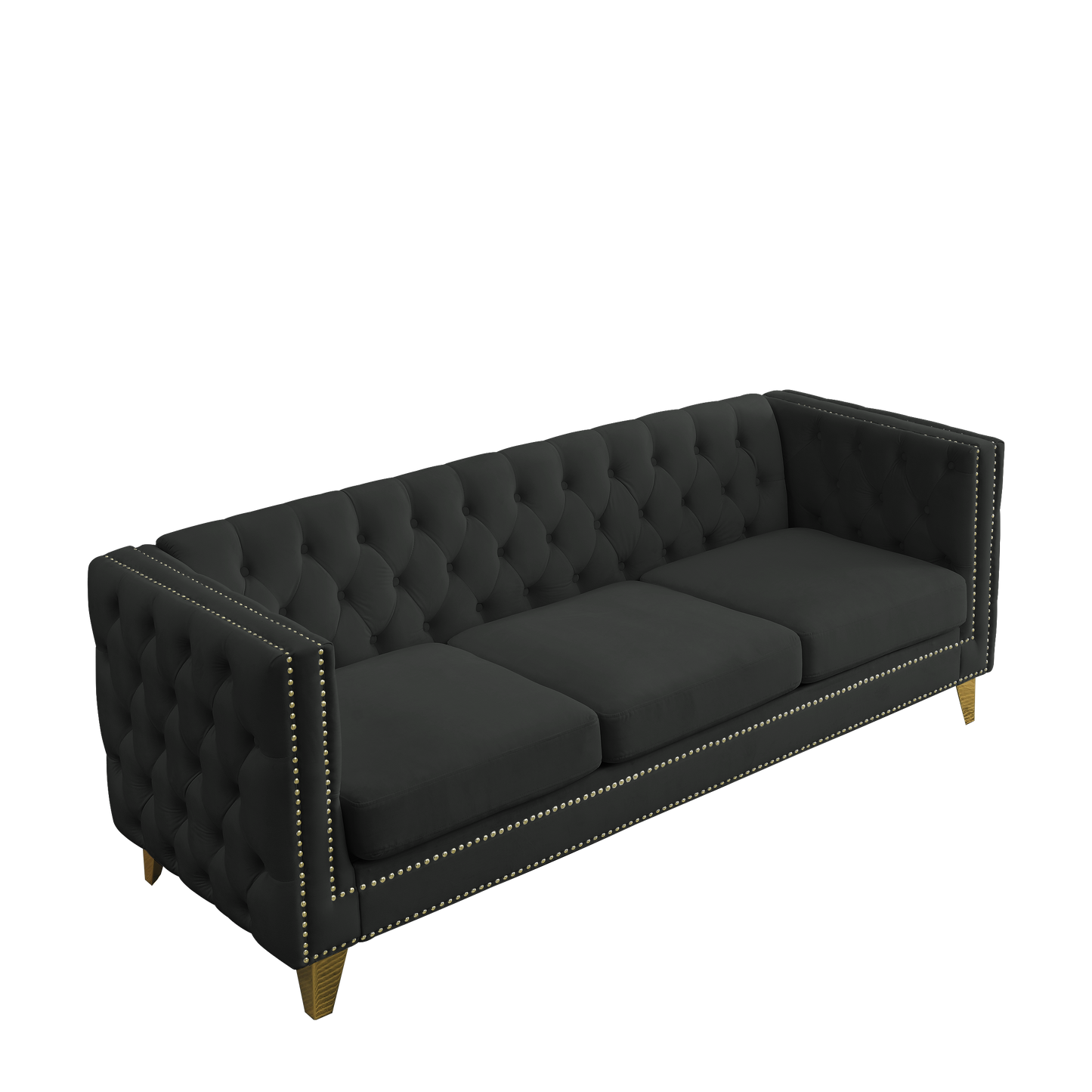 NEW 2pc Black Velvet Tufted Button Square Arm Couch Modern Upholstered Metal Legs Sofa