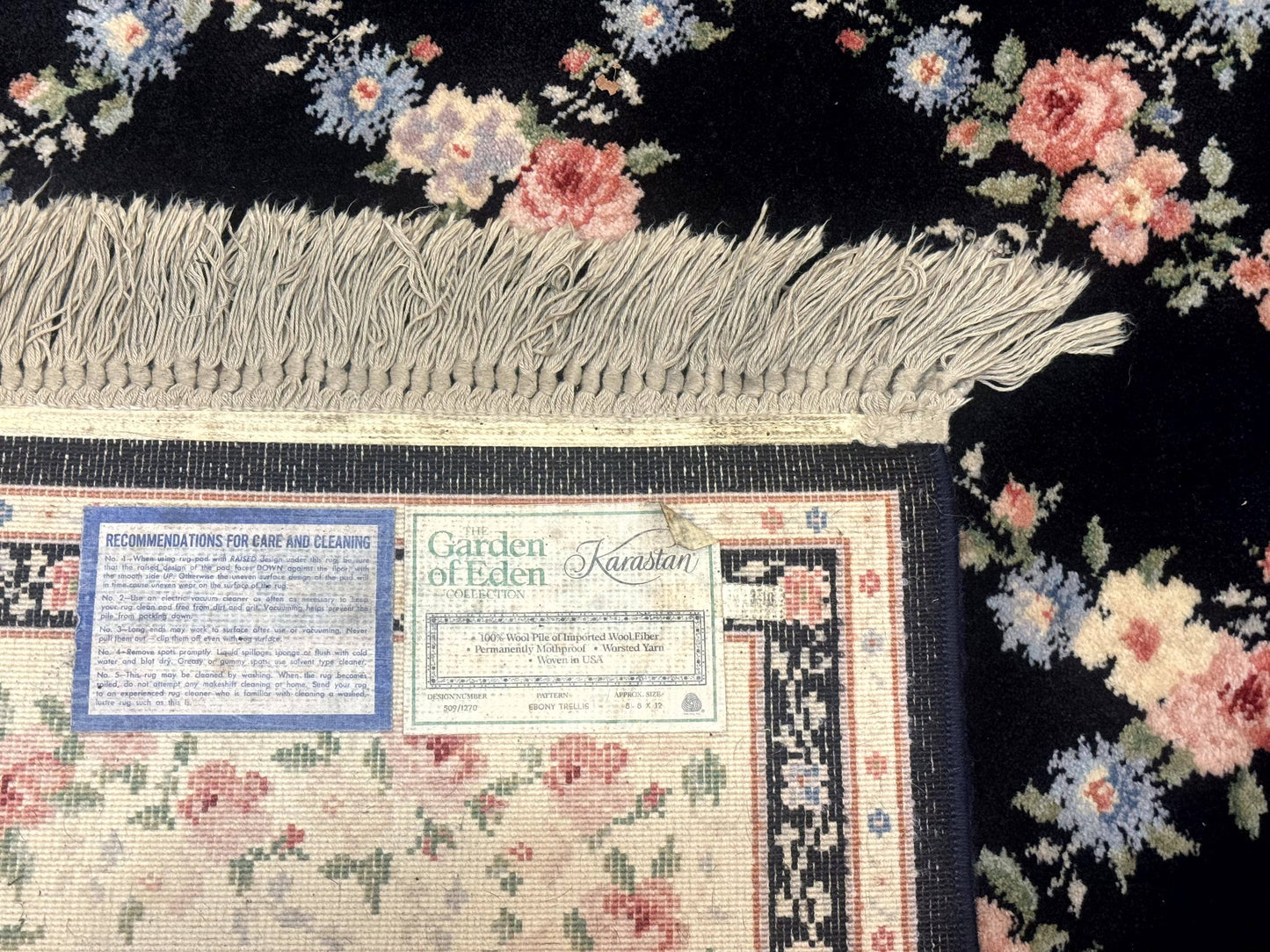 USED 8.8 x 12 Karastan Garden of Eden Rug, Ebony Trellis #509/1270, Black, Floral, Wool Pile, Vintage, Discontinued