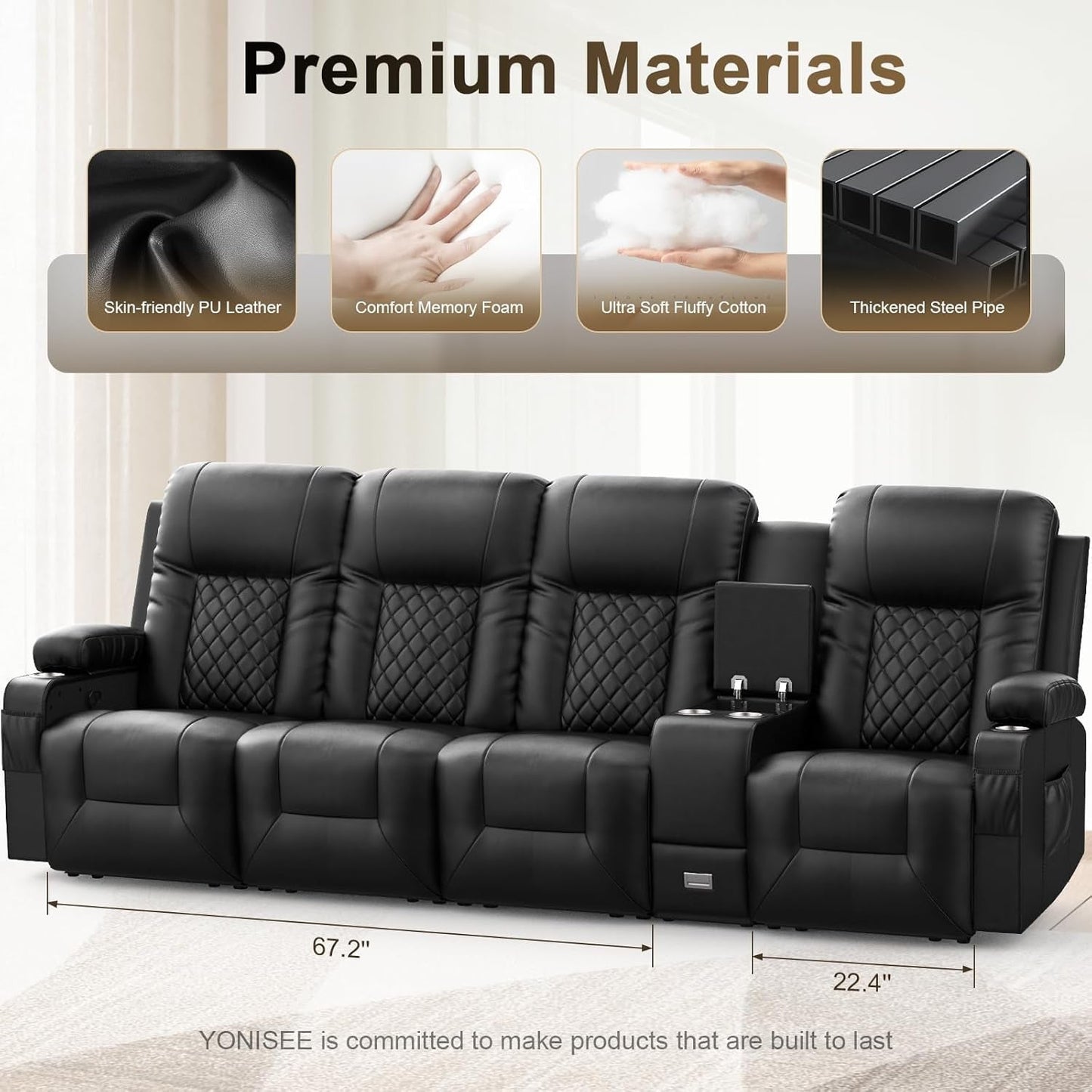 NEW 4 Seat Recliner Sofa With USB Ports And Storage Console