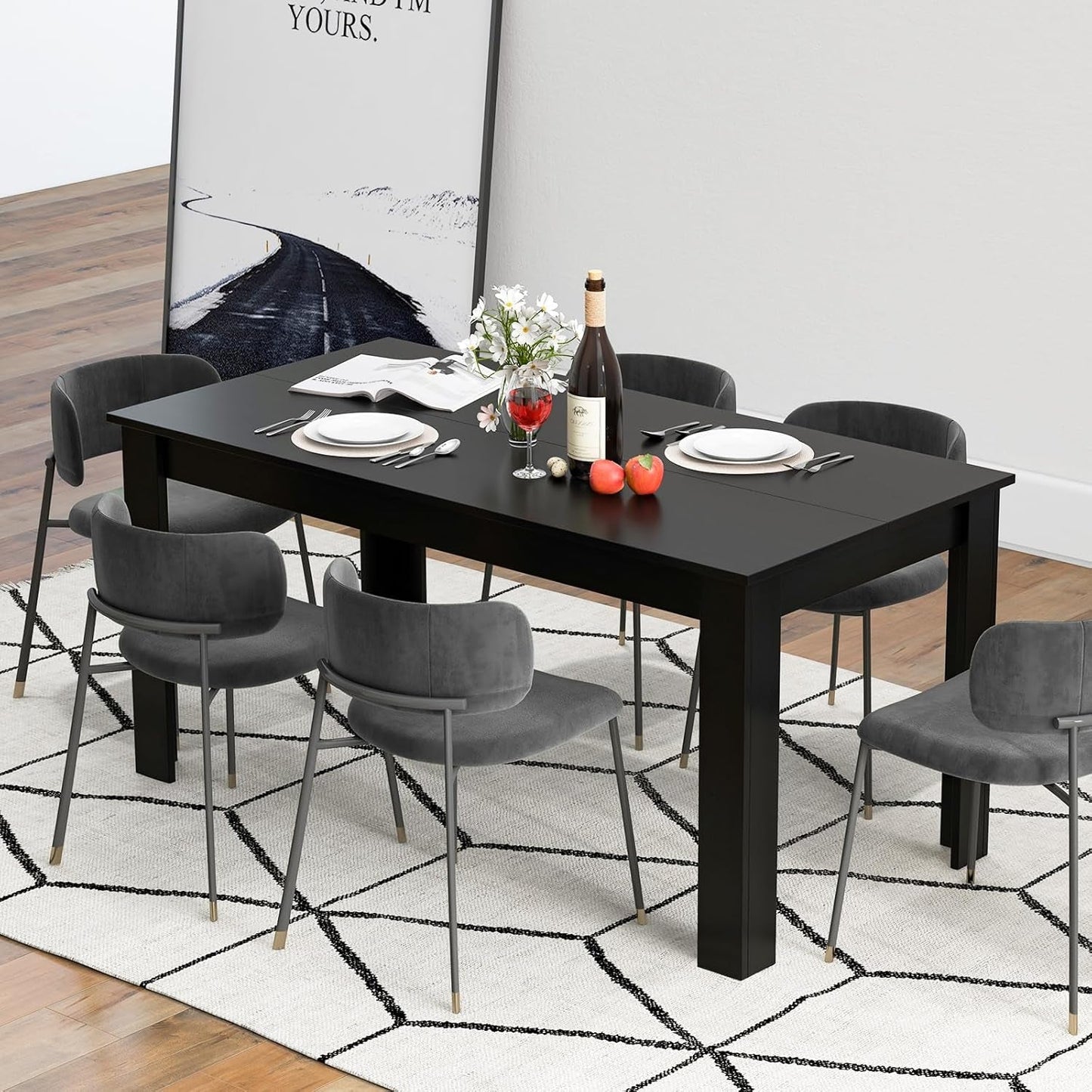 NEW 63 Inch Black Dining Table For 6 Modern Home Kitchen