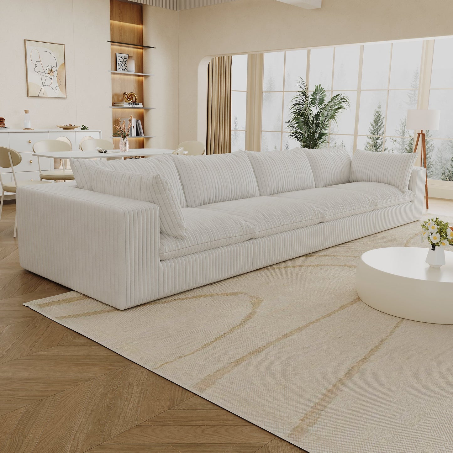 NEW 157.6'Cloud Sofa,Corduroy Fabric,Deep Seat Couches,Double-layer design,Removable  Cushion,No Assembly,DIY Combination for Living room, Bedroom,Conference room ,Apartment,White