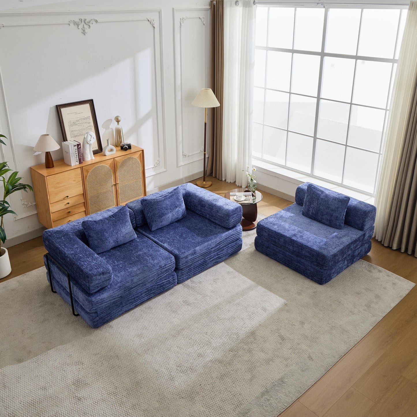 NEW Dark Blue Chenille Fabric Compression Convertible Floor Sofa Bed with Fixed-Shape Frame Boneless Modular Sectional Couch
