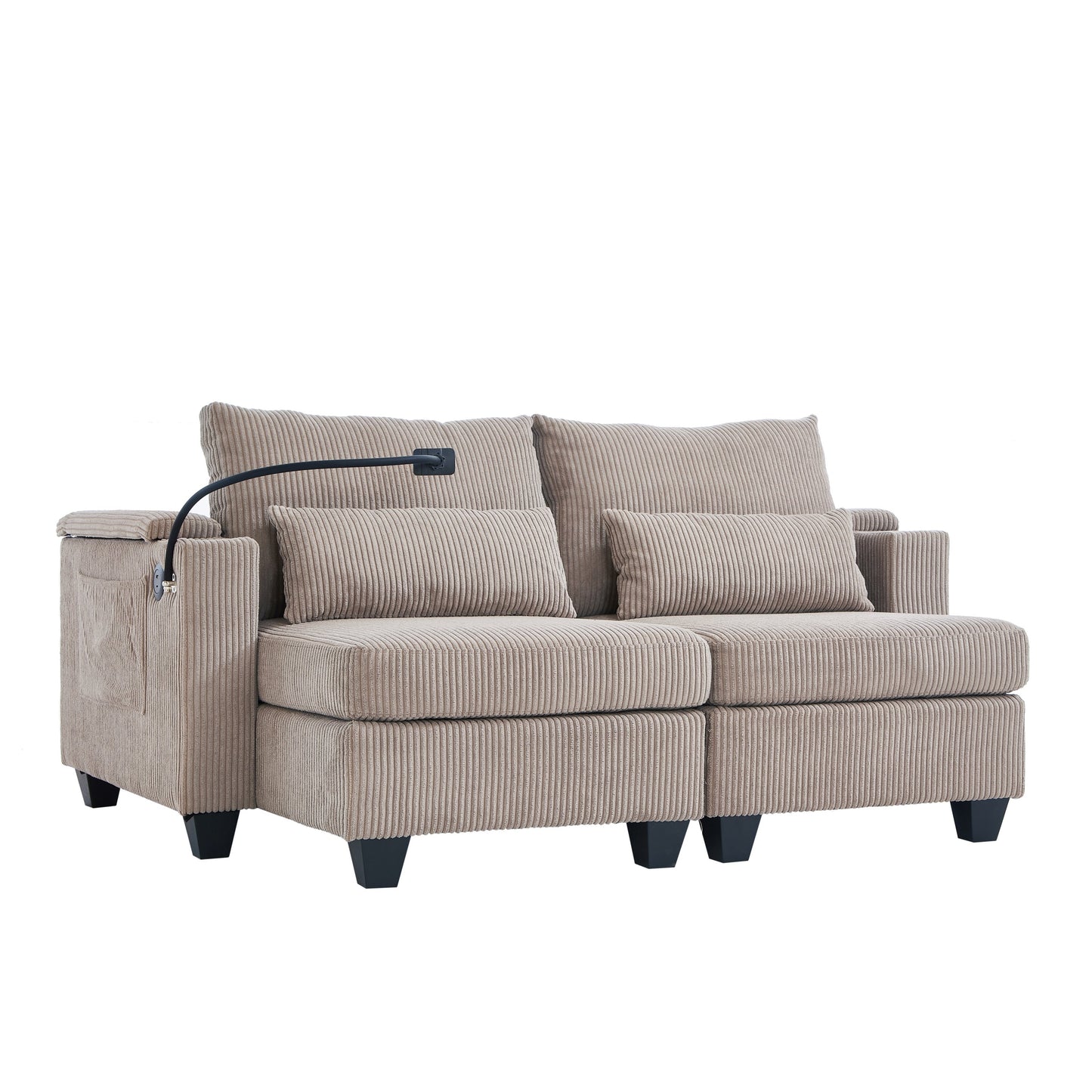 NEW Convertible Chaise Lounge 63' Loveseat Sofa Bed with USB Ports, Cup Holders, Phone Holder, Storage, Brown Corduroy