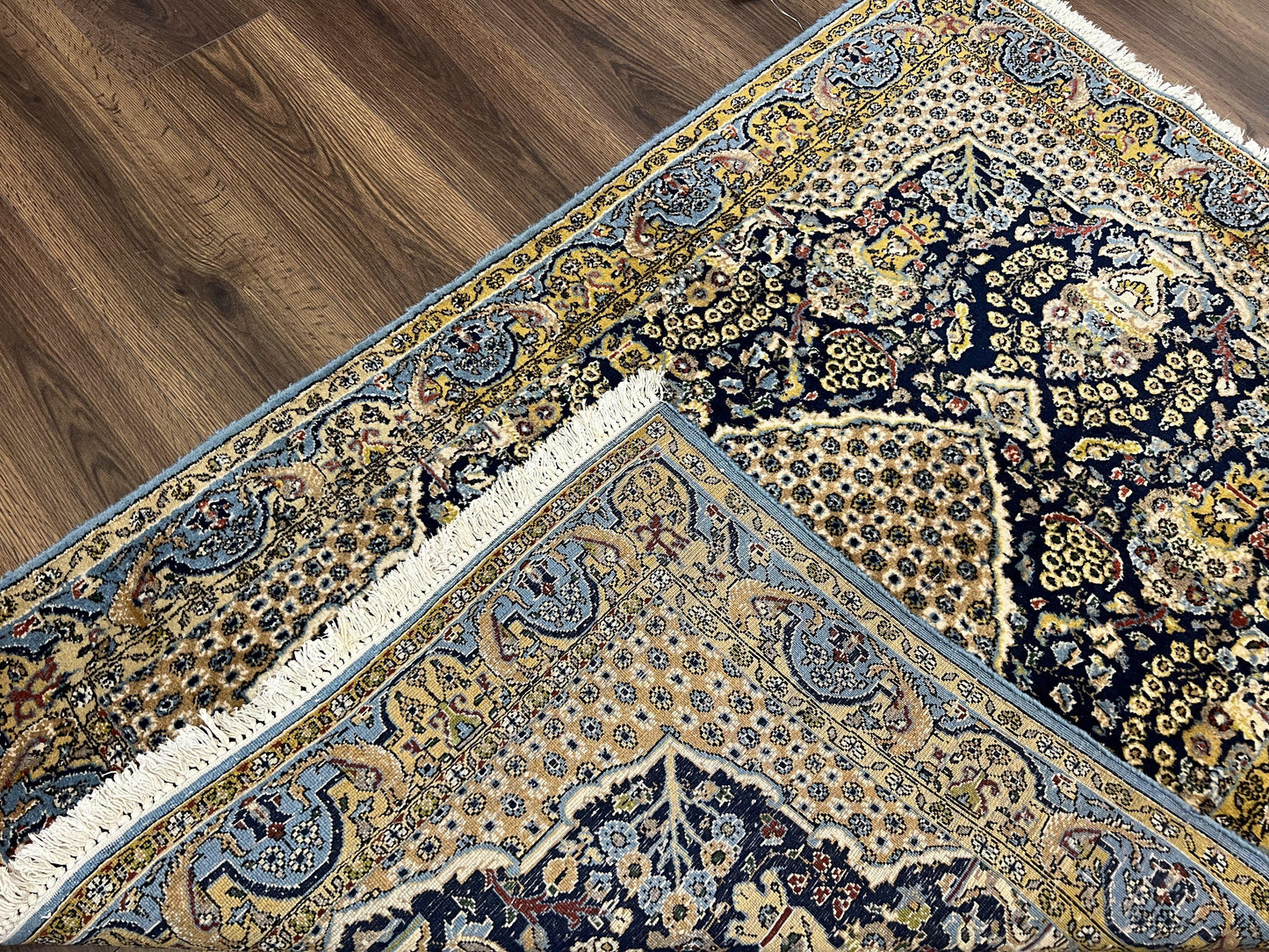 USED Fine Persian Qum Rug 3x5, Semi Antique Vintage Oriental Ghom Carpet, Floral Medallion, Highly Detailed, Hand Knotted, Navy Blue, Wool Area Rug, Birds