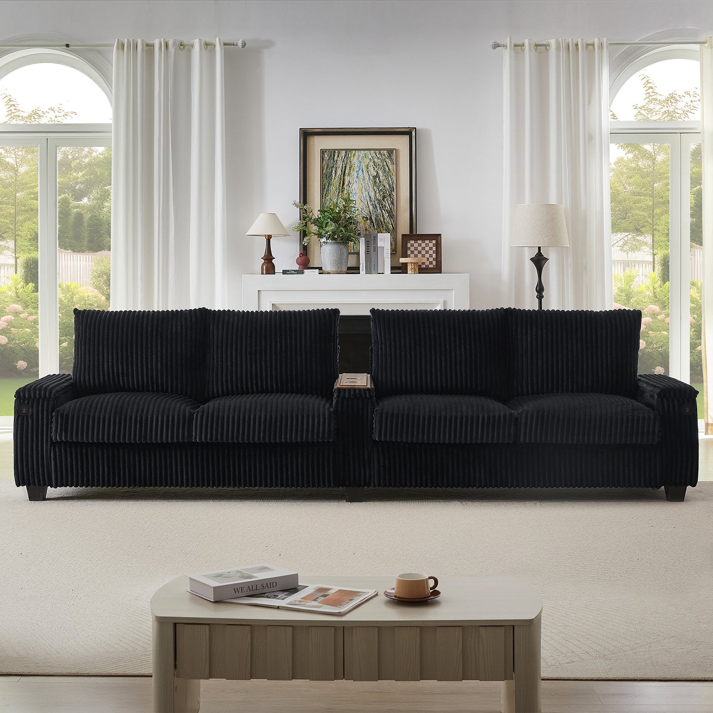 NEW Modern 4-Seater Black Corduroy Sofa Couch with USB Ports and Hidden Storage