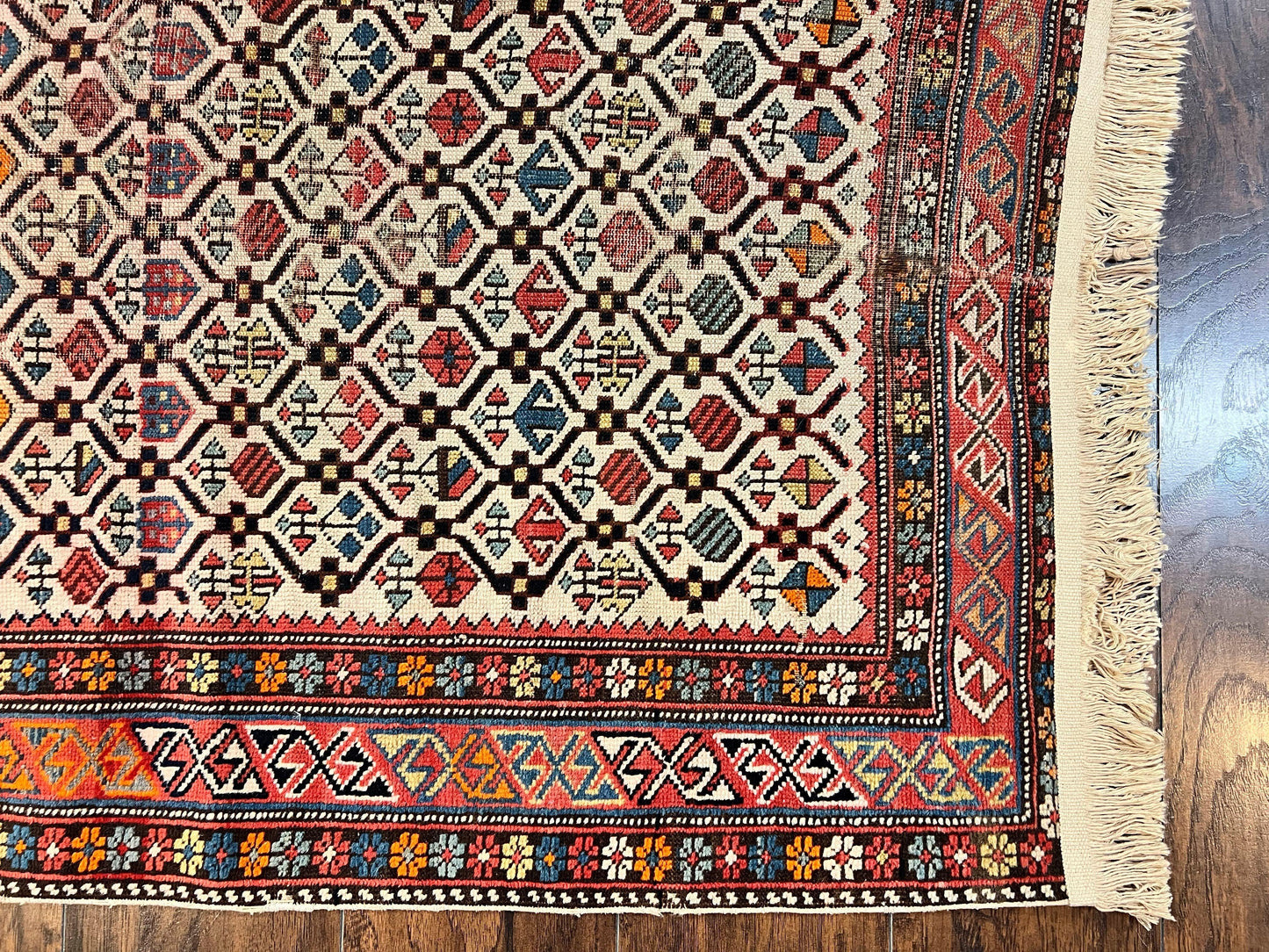 USED Antique Caucasian Rug 4x5, Hand Knotted Handmade Shirvan Oriental Carpet, Ivory Red Rug Allover Pattern, Rare Wool Rug, Tribal Geometric Rug