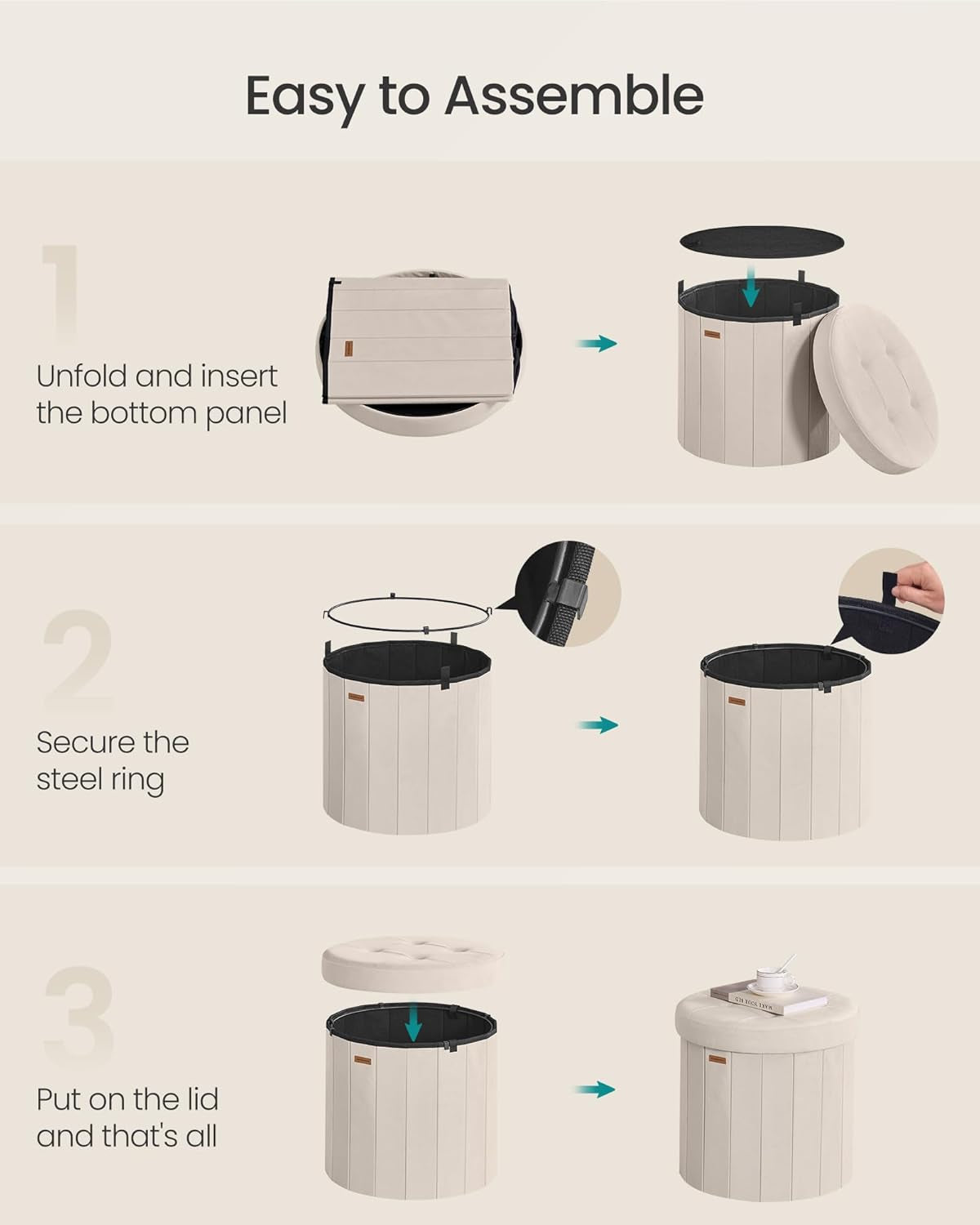 NEW Round Folding Storage Ottoman Cappuccino Beige Velvet