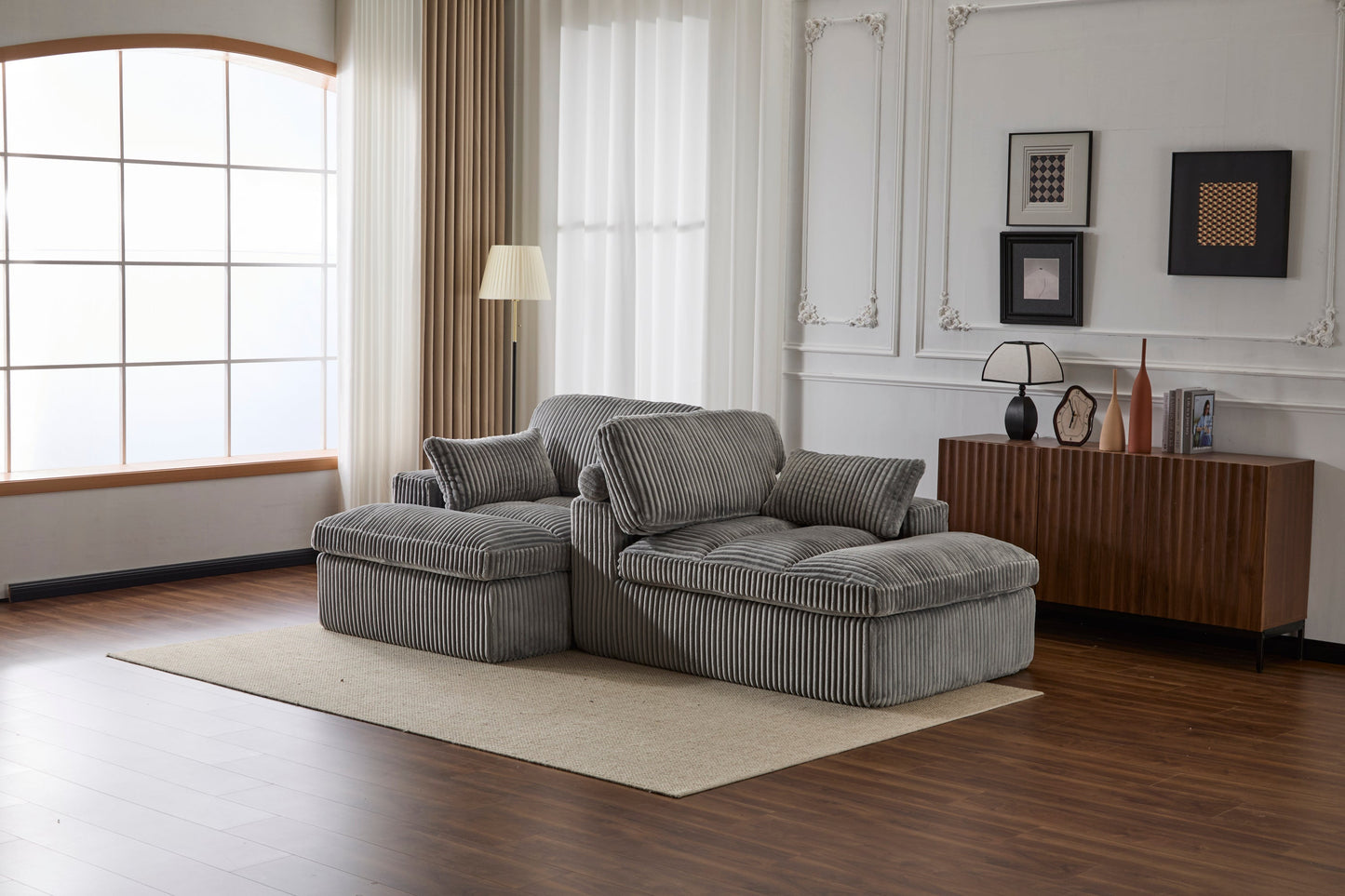 NEW Indoor Grey Corduroy Oversized Upholstered Double Chaise Lounge Chair Oversized Upholstered Sleeper Cloud Couch Deep Seat Luxury Sectional Sofa Bed Chaise Lounge