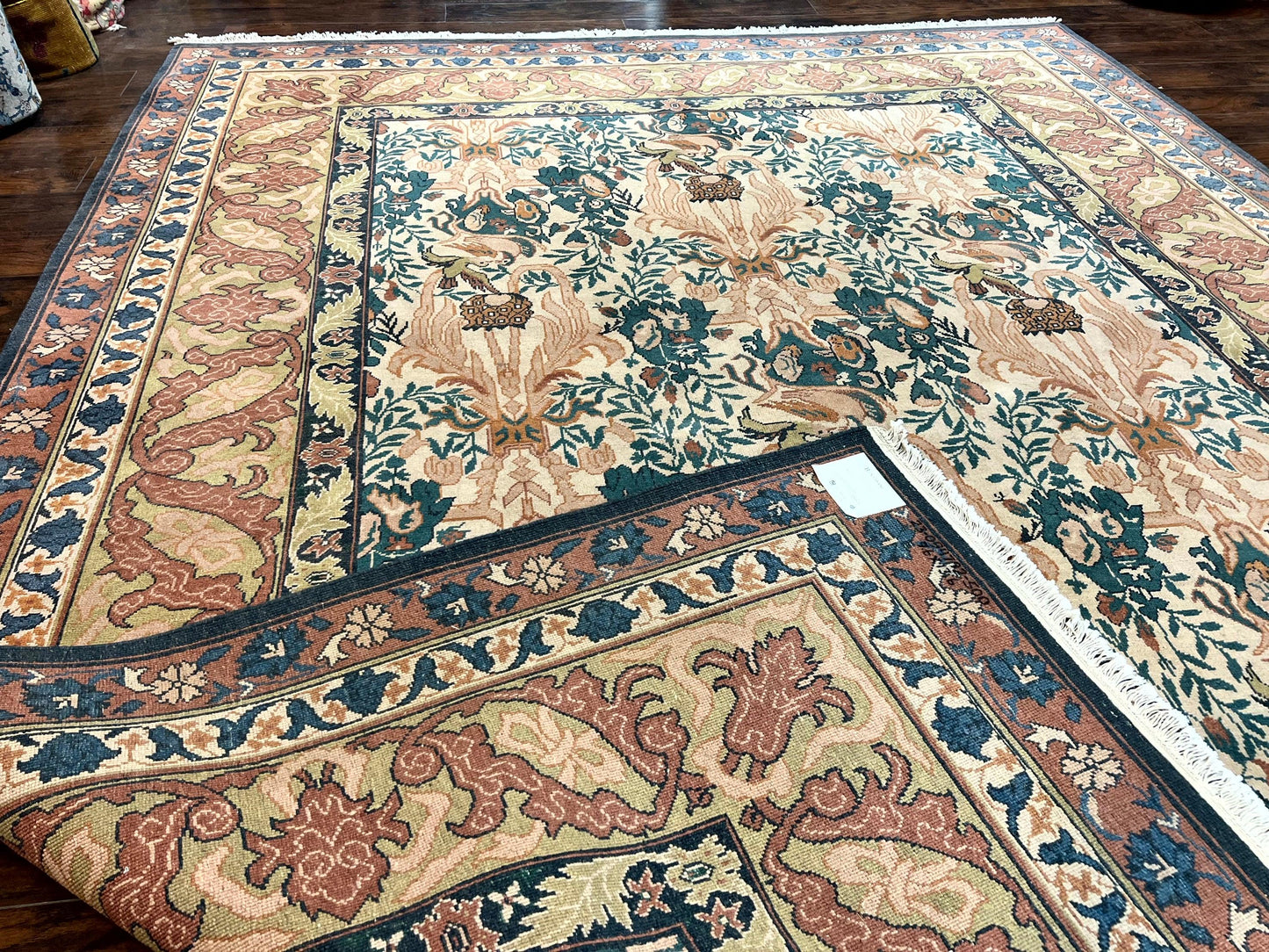 USED 10x13 Wool Rug, Floral Pattern, Birds, Handmade Vintage Carpet, Couristan Rug, Beige