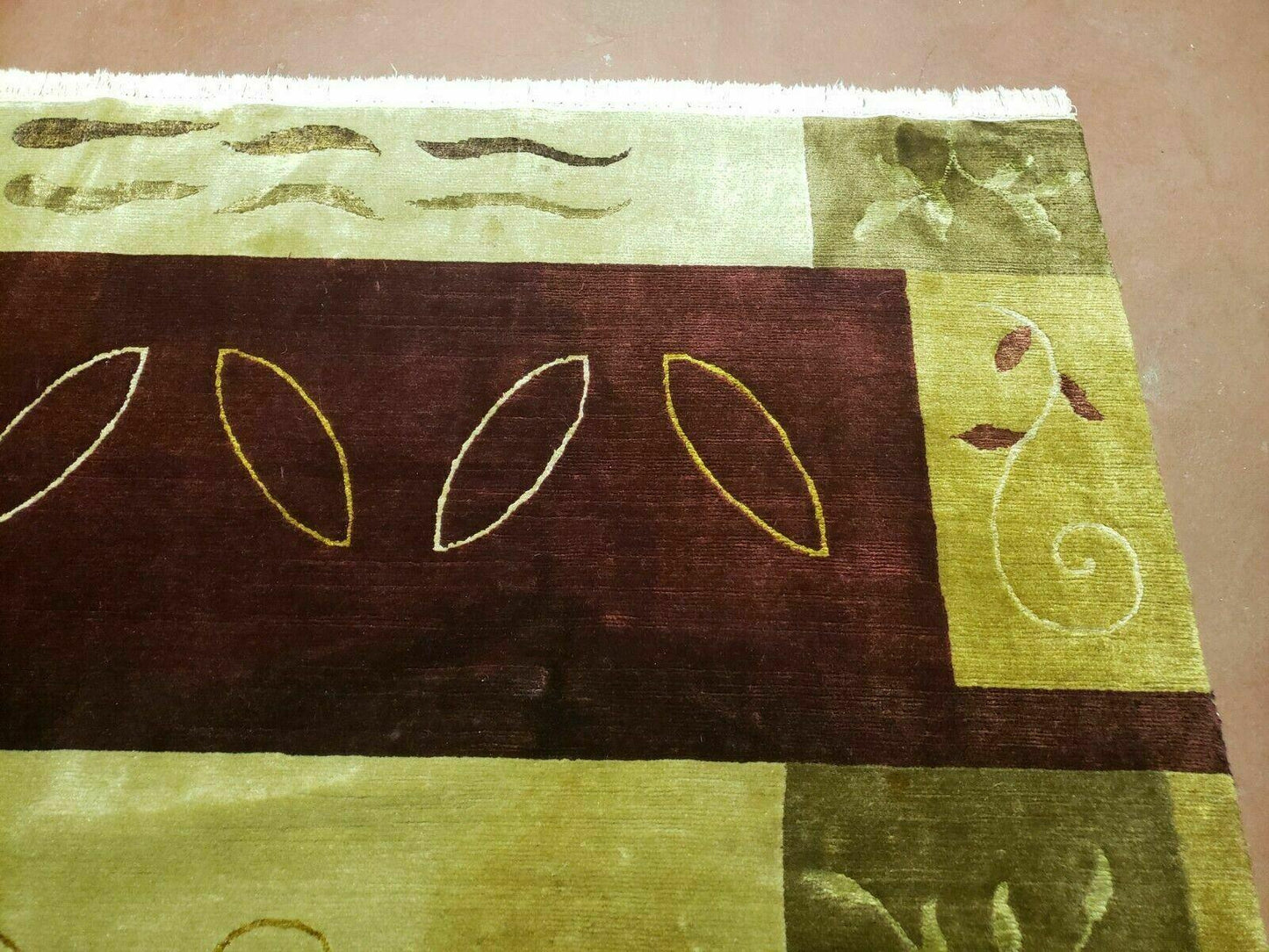 USED 6' X 9' Modern Handmade Tibetan Nepal Wool & Silk Rug Decorative Abstract Gold