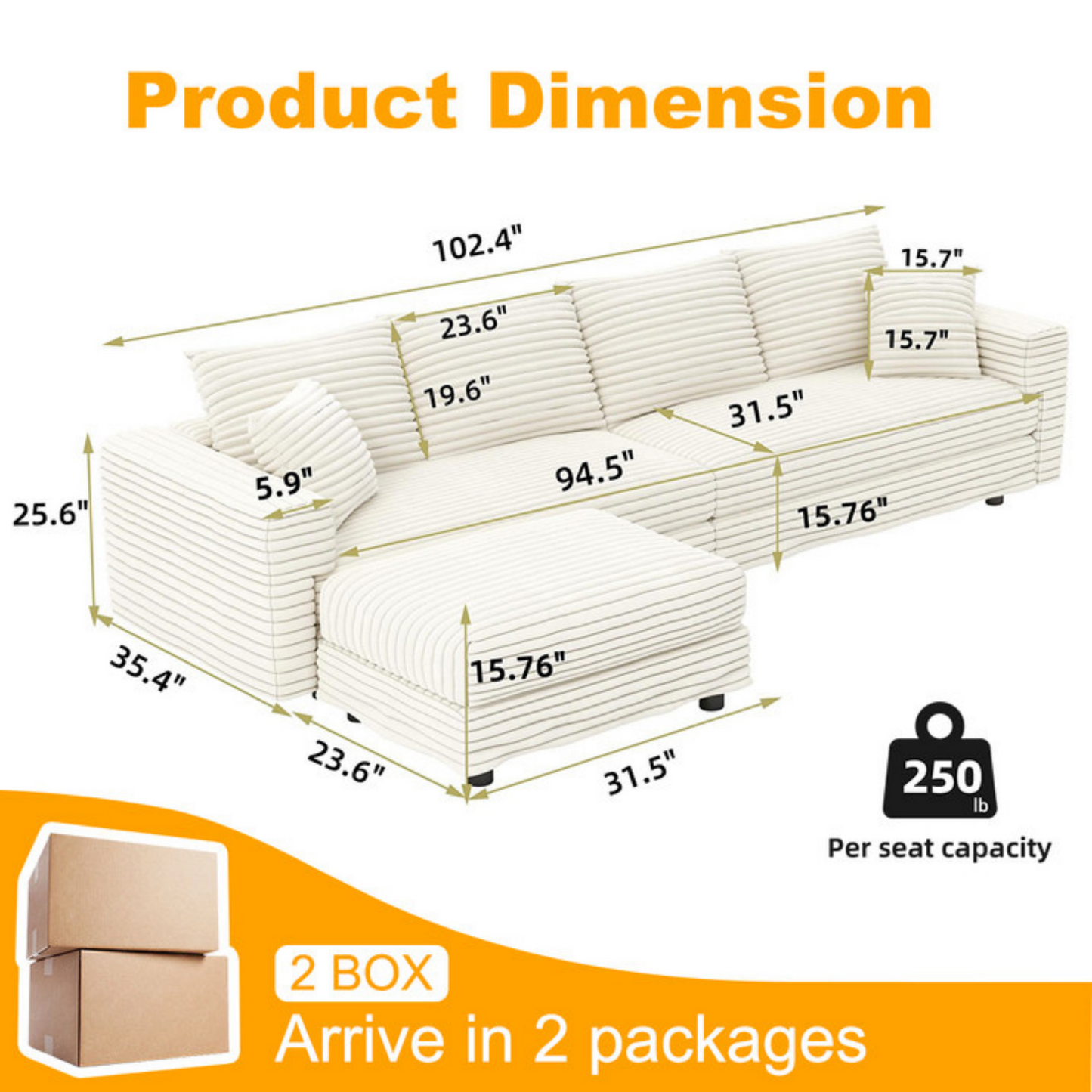 NEW 102.4' Plush Corduroy 4-Seat Beige Modern Comfy Upholstered Sofa Cloud Deep Seat Couch