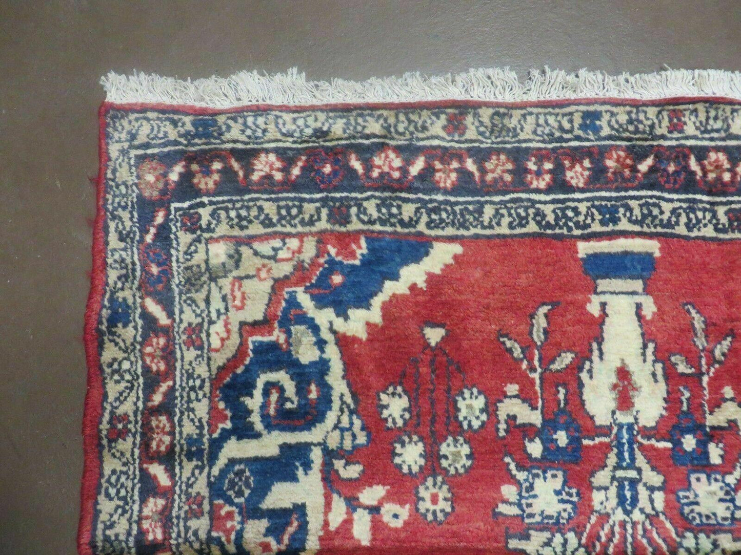USED Persian Runner Rug 3 x 12, Antique Wool Oriental Runner, Floral Vases, Red & Navy Blue