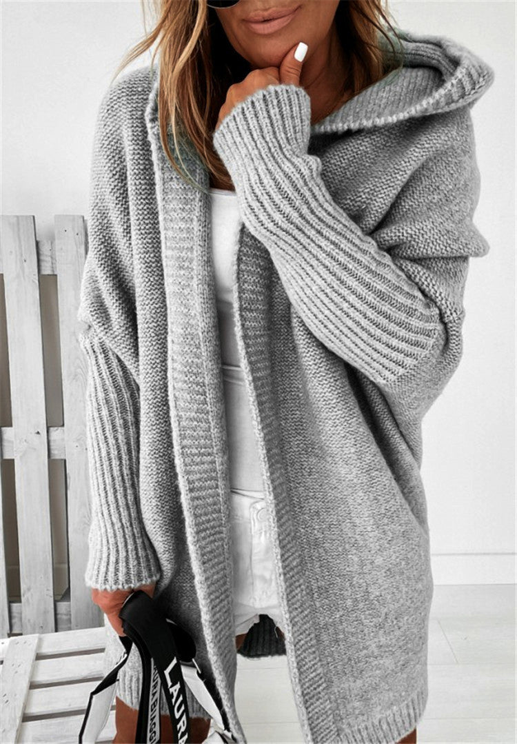 New Fashion Bat Sleeve Hooded Cardigan Oversized Loose Temperament Solid Color Sweater Womens Clothing