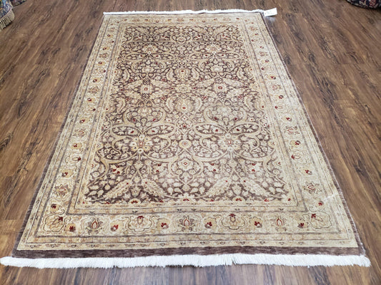 USED Vintage Pak-Persian Area Rug 4.7 x 7.2 Wool Hand-Knotted Beige & Brown Oriental Pakistani Peshawar Carpet 4x6 - 5x7 Decorative Farmhouse Rug