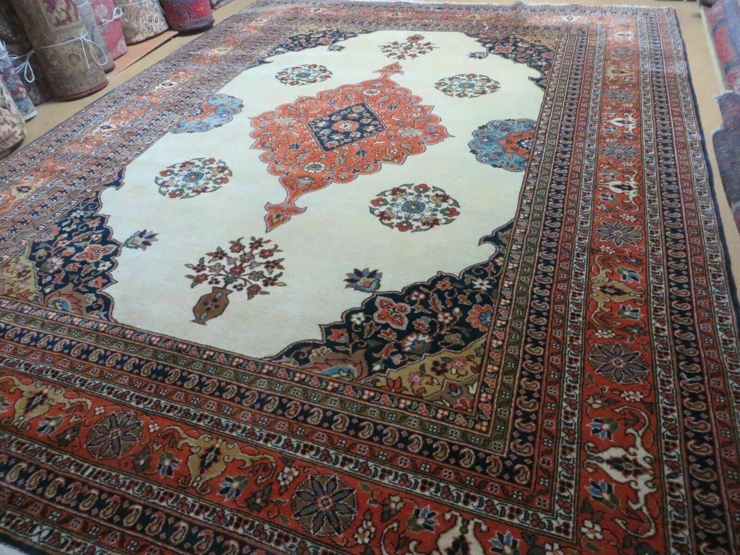 USED Indo Persian Rug 9x12, Semi Open Field Medallion, Ivory Tomato Red Navy Blue, Hand Knotted Indian Oriental Wool Carpet 9 x 12 ft, Room Sized