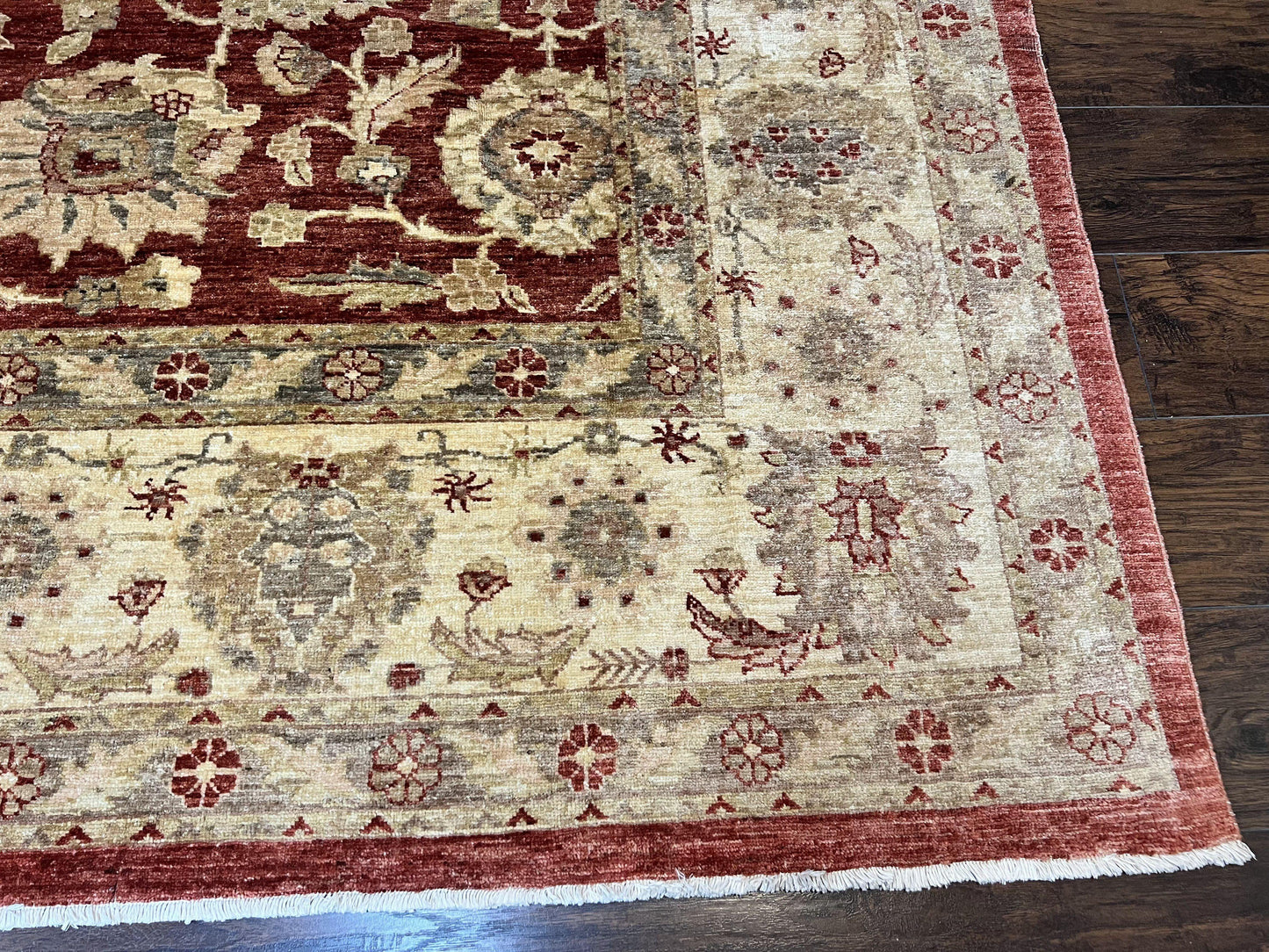 USED Pak Persian Rug 10x14, Sultanabad Mahal Peshawar Chobi Carpet, Large Vintage Wool Oriental Rug, Maroon & Beige, Floral Allover, Handmade