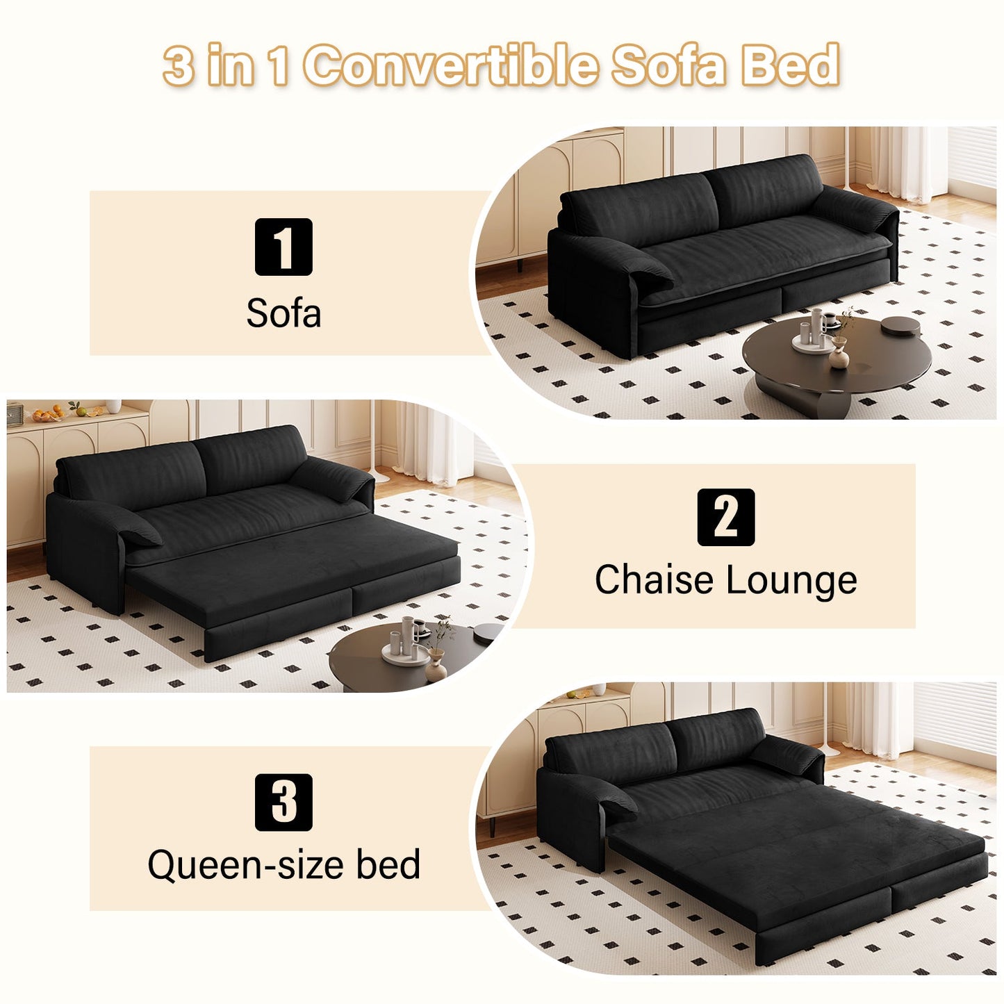 NEW 66' Queen Pull Out Sofa Bed, 3-in-1 Convertible Sleeper Sofa with Side Storage,Multi-Functional Velvet Loveseat Bed for Living Room,Bedroom,Apartment,Office.(Old Sku:W1885P214784;New Sku:W1885S00222)