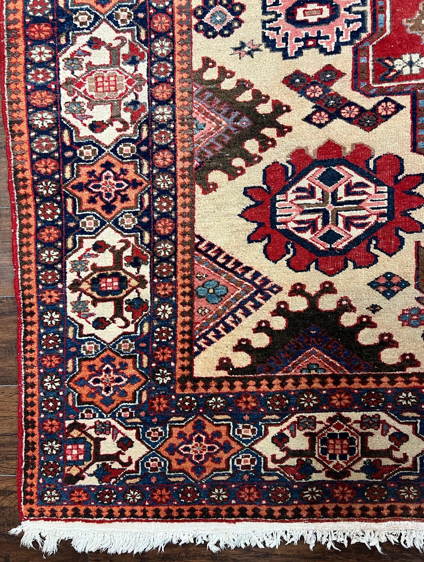 USED Antique Persian Heriz Rug 8x12 ft, Geometric Tribal Room Sized Carpet, Camel Hair Red Navy Blue, Wool Hand Knotted Medallion Oriental Carpet