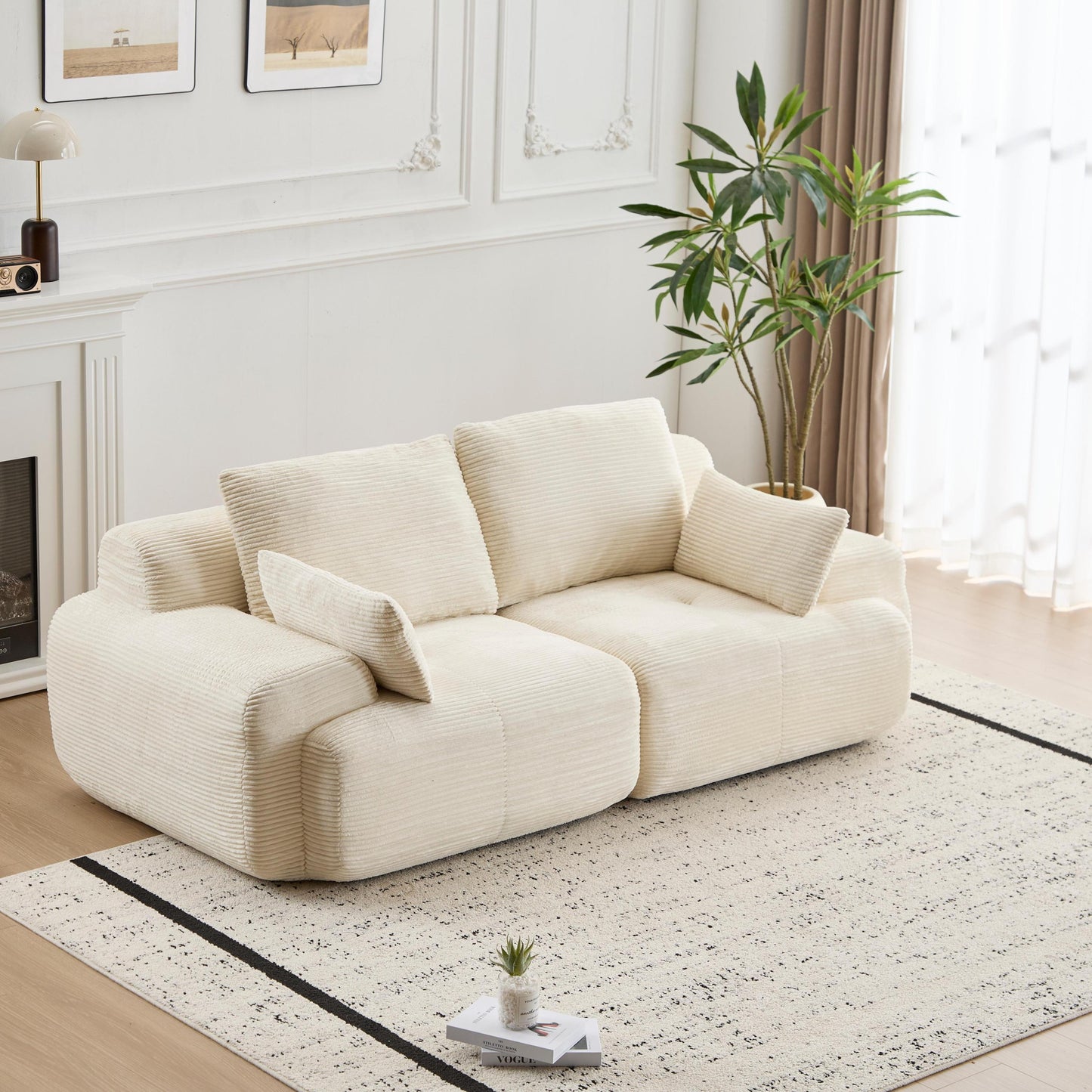 NEW Modern Beige Corduroy Fabric Memory Foam Compressed 2 Seater Large Modular Sectional Loveseat Sofa Couch