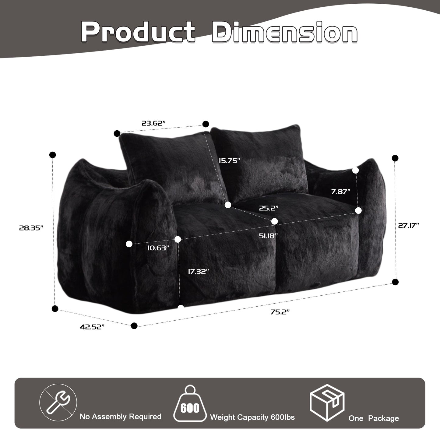 NEW Giant Bean Bag Couch for Adults, Ultra Soft Fluffy Loveseat Bean Bag Sofa, Oversized Chase Lounge Chair Indoor for Living Room Bedroom, No Assembly Required Cozy Reading Chair with Pillows, Black