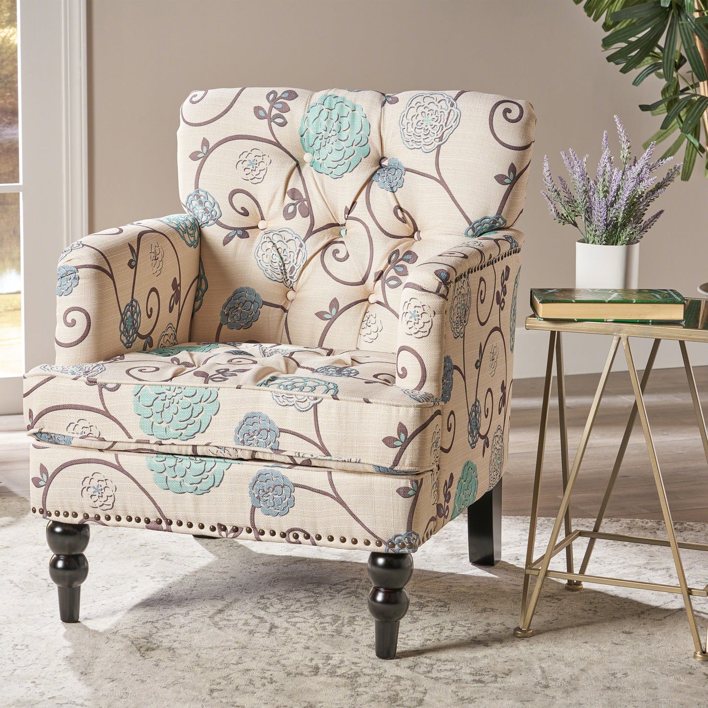 NEW Blue and White Vitality Club Chair with Button-Tufted Diamond Stitching and Turned Legs