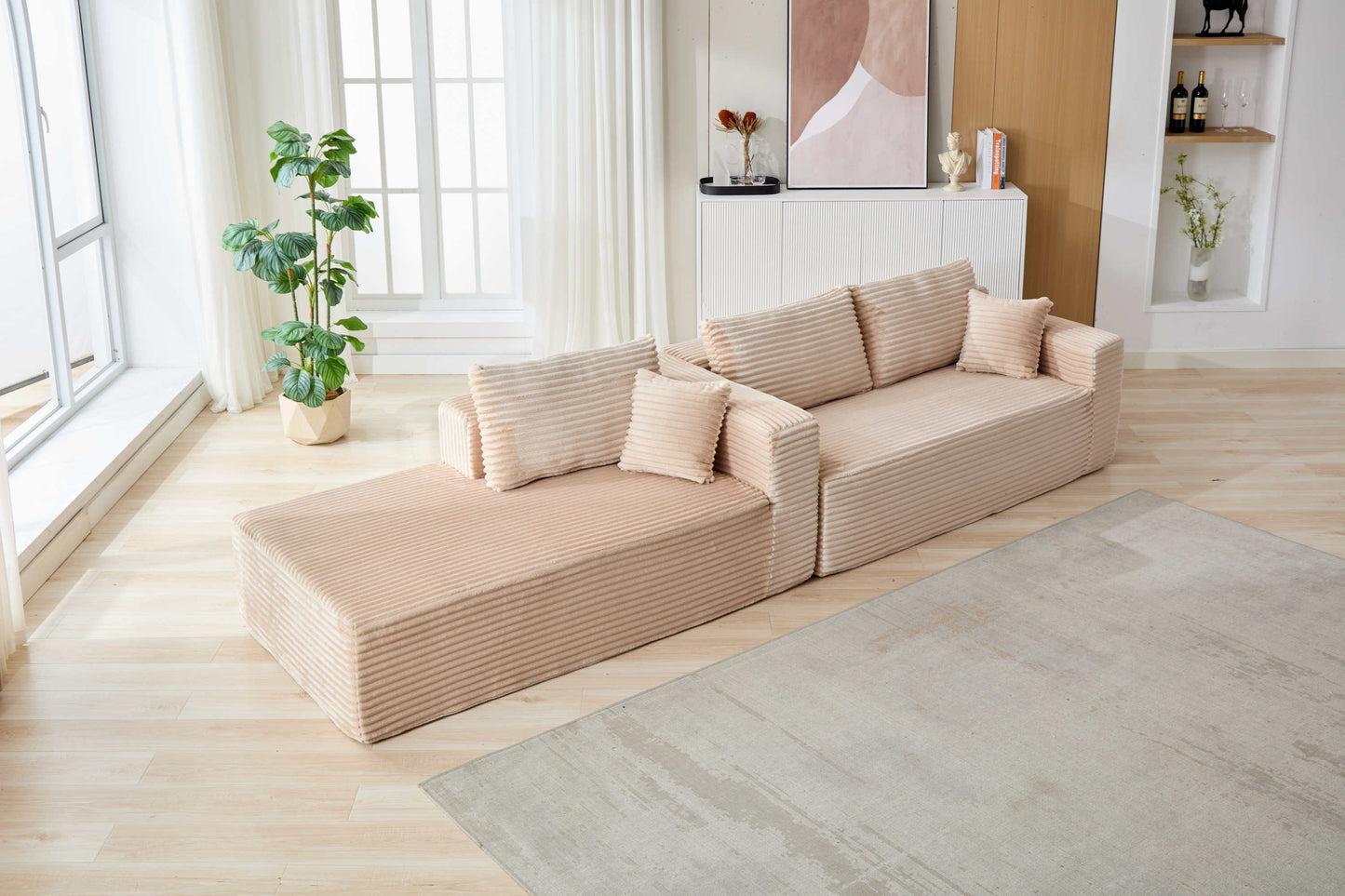 NEW Compression Sectional Couch with Comfy Chaise, Boneless L Shape Sofa with Deep Seat, Minimalist Modular Couches Sleeper for Living Room Bedroom Apartment Lounge,corduroy,Beige