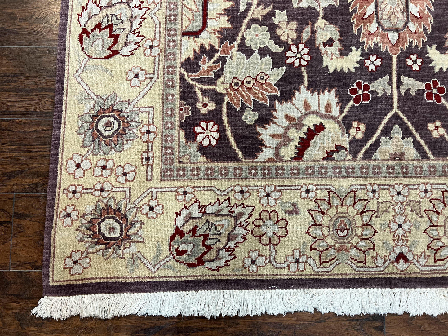 USED Vintage Indo Mahal Area Rug 6x9, Indian Persian Oriental Carpet 6 x 9, Puce Eggplant Tan Beige Rug, Hand-Knotted, Large Floral Design Wool