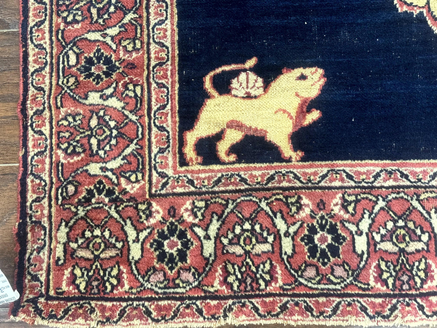 USED Antique Persian Mashad Rug 4x6, Semi Open Field, Navy Blue, Lion Pictorials, Triple Medallion, Dorokhsh Rug