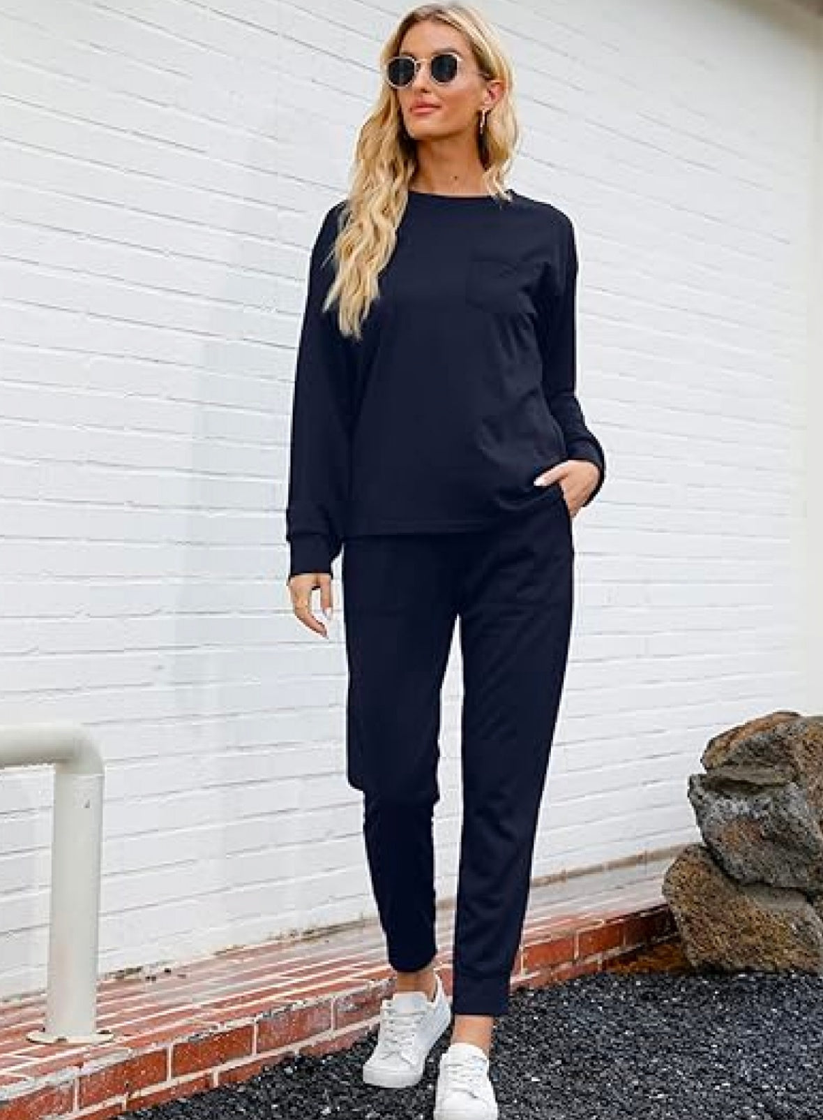 New Women's Long Sleeve Suit Fashion Pullover Top And Pockets Drawstring Long Pants Solid Color Casual Sports Trouser Suit Clothing