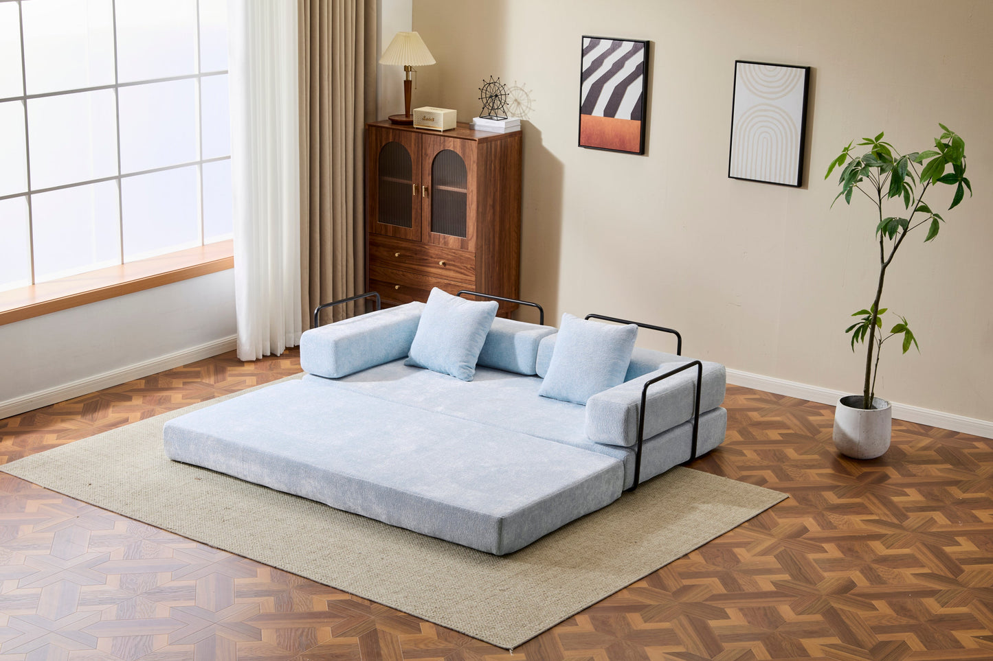 NEW Light Blue Chenille Fabric Floor Couch Compression Convertible Sofa Bed with Pillow Back Support Armrest Comfy Futon Couch Lounge Sleeper Bed