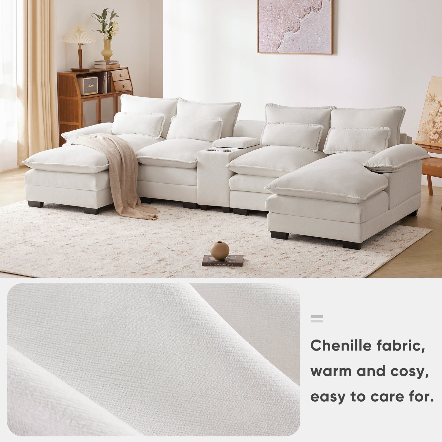 NEW Modern Chenille White 6-seat Upholstered U-shaped Sofa with Console Cupholders & USB Ports