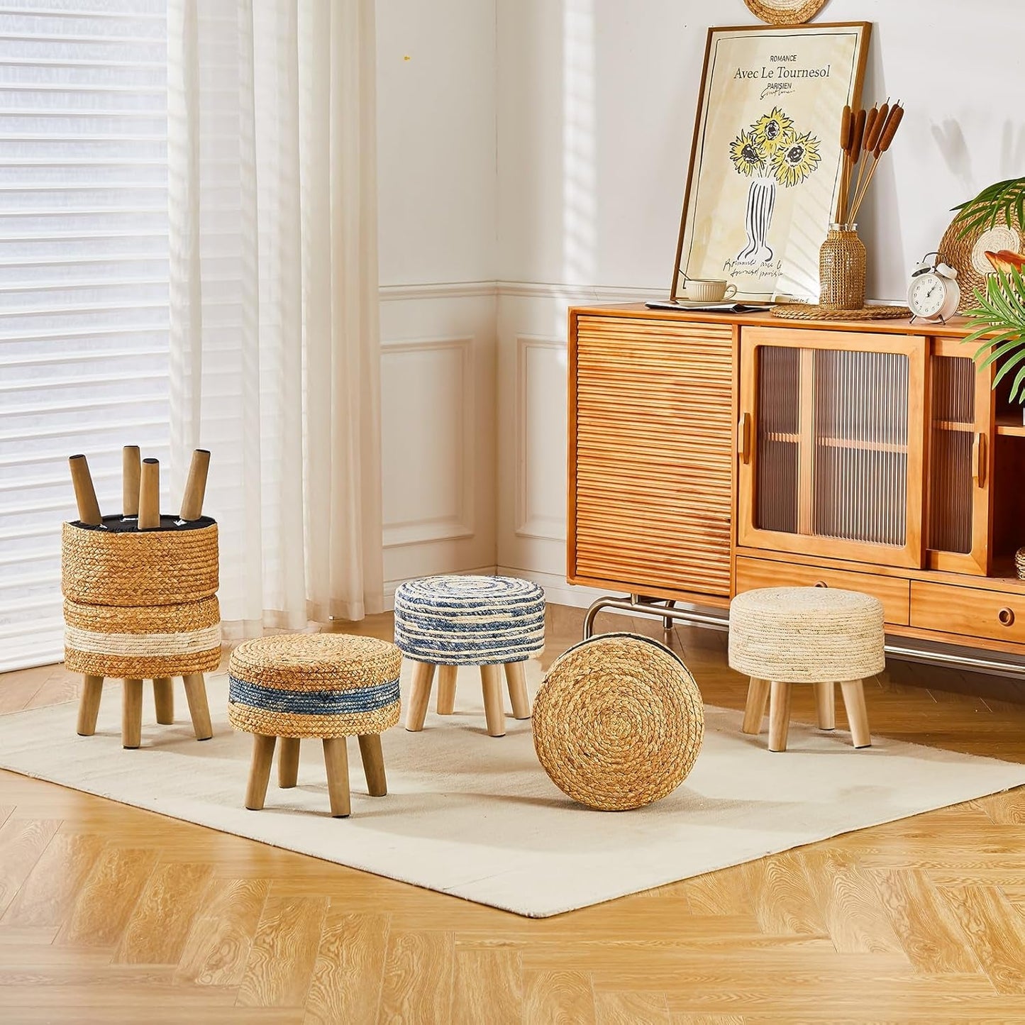 NEW Round Seagrass Ottoman Footstool Handwoven Natural Blue