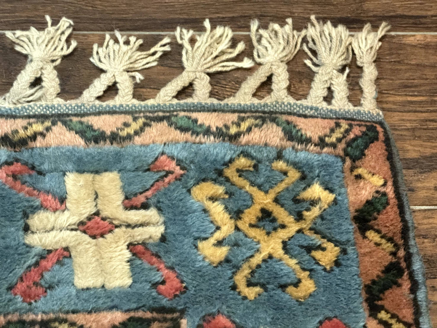 USED Turkish Kazak Runner Rug 3x11, Cream and Light Blue, Vintage