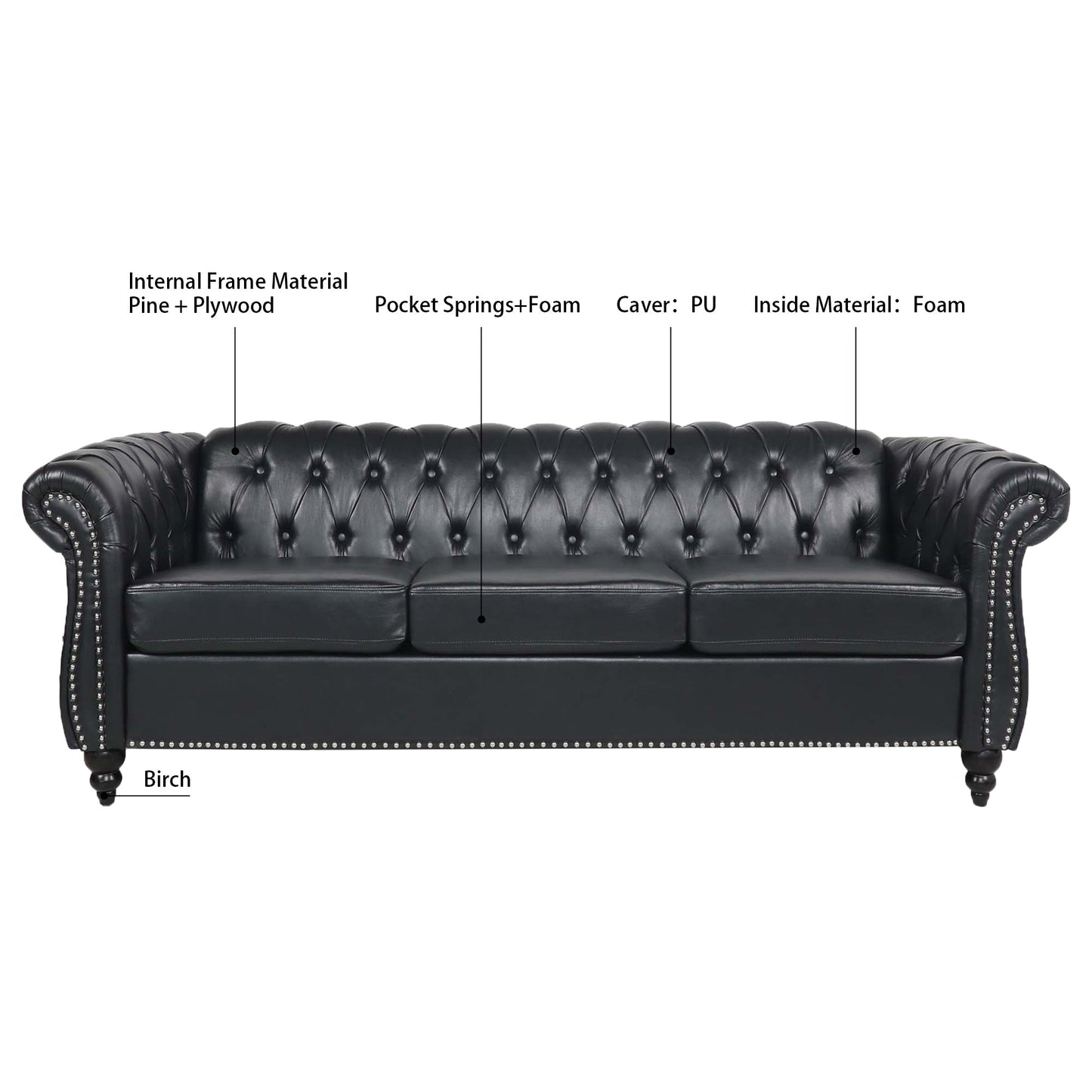 NEW 84.65' BLACK PU Rolled Arm Chesterfield Three Seater Sofa Couch