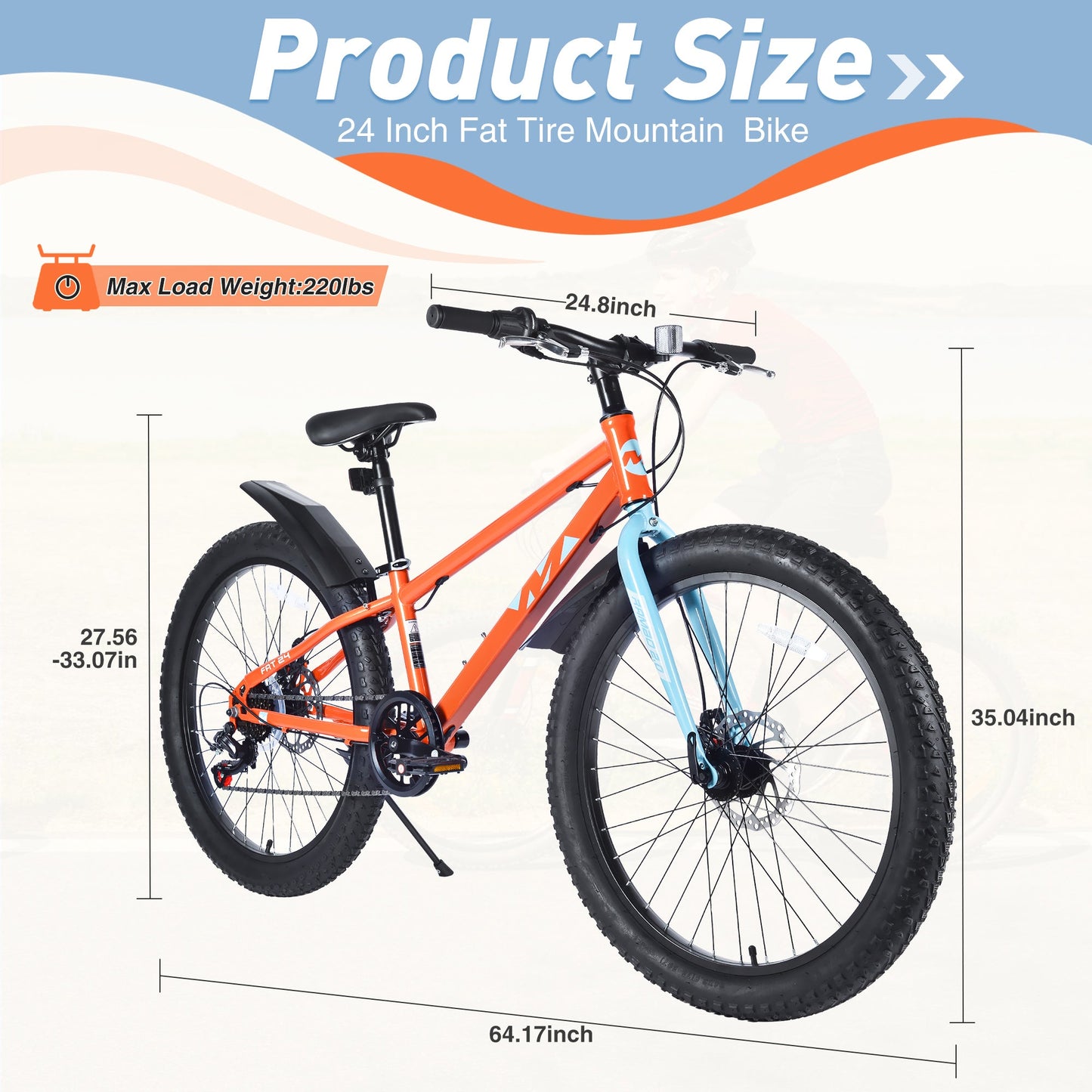 NEW 24 Inch Bicycles , Fat Tire Mountain Bike for Boys and Girls Age 10 + Years ,Dual-Disc Brake,Shimano 7-Speed ,Kids Beach and Snow Bicycle