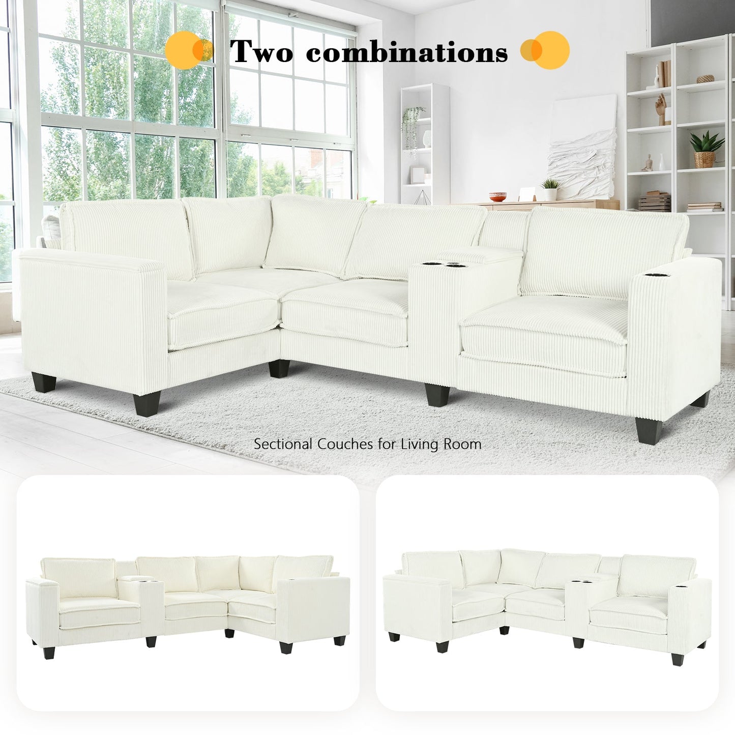 NEW L-shaped 4-Seater Corduroy Large Storage Armrest Sofa with Center Console and USB Charging