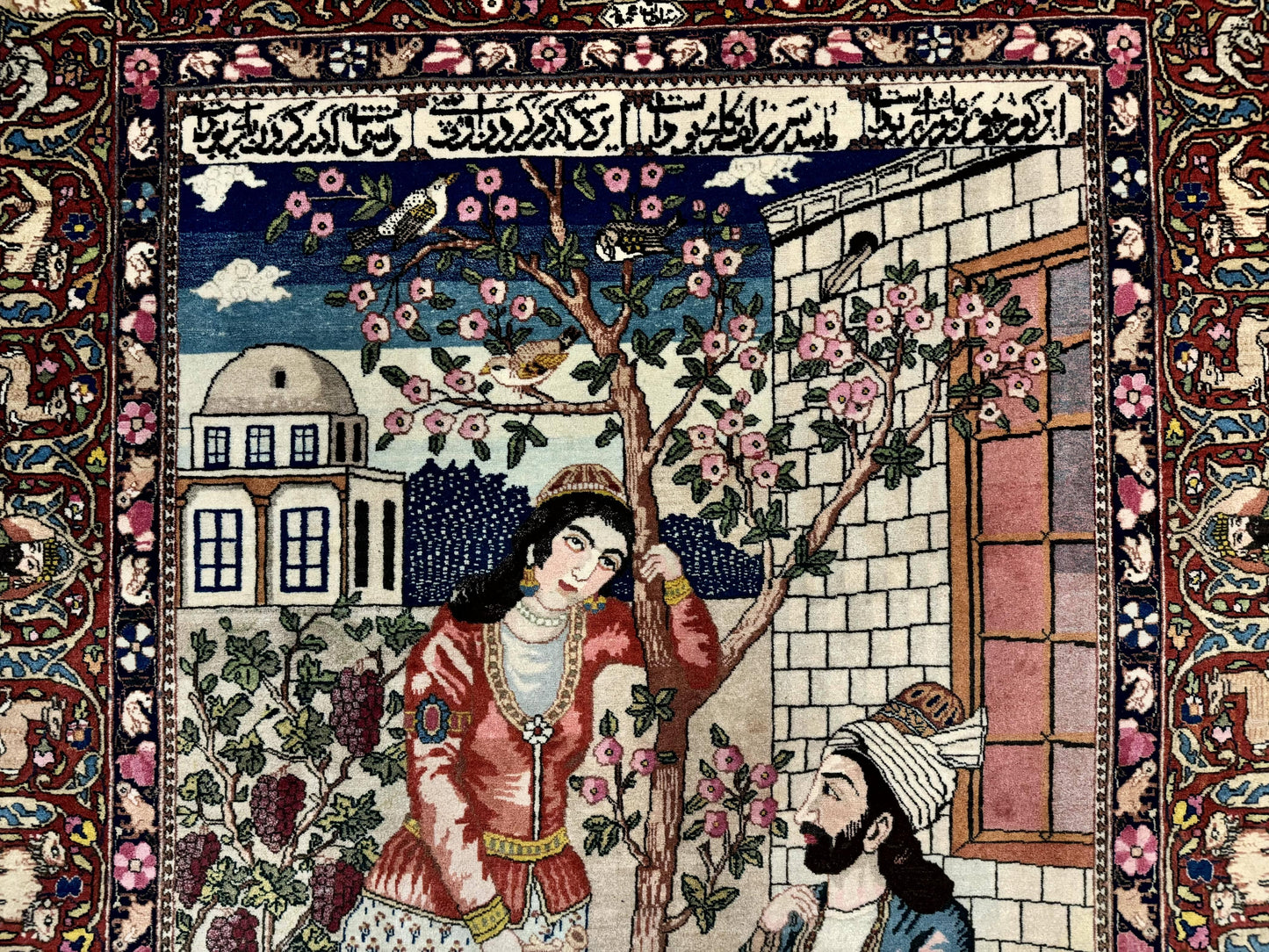 USED Wonderful Persian Kashan Pictorial Rug 4.7 x 6.5, Persian Rug for Wall Hanging, Handmade Antique Wool Carpet Animal Motifs Poetry Lovers, 240 KPSI