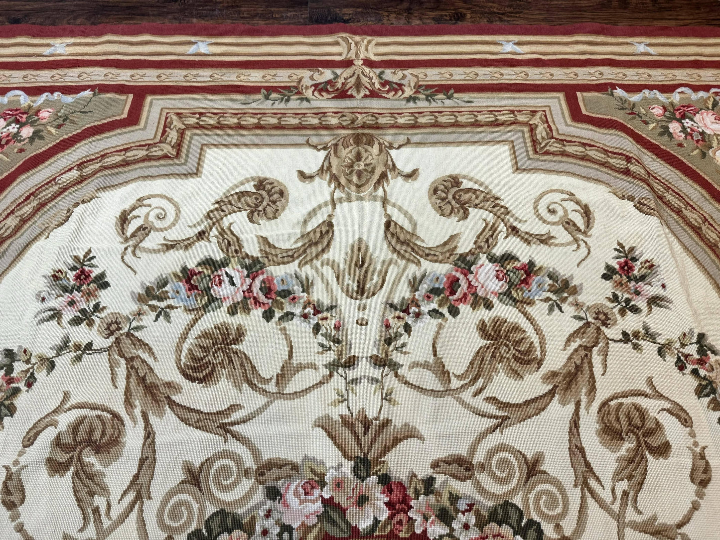USED Aubusson Needlepoint Rug 9x11, Handmade Vintage Wool Flatweave Carpet, Elegant European Rug, Floral, Cream