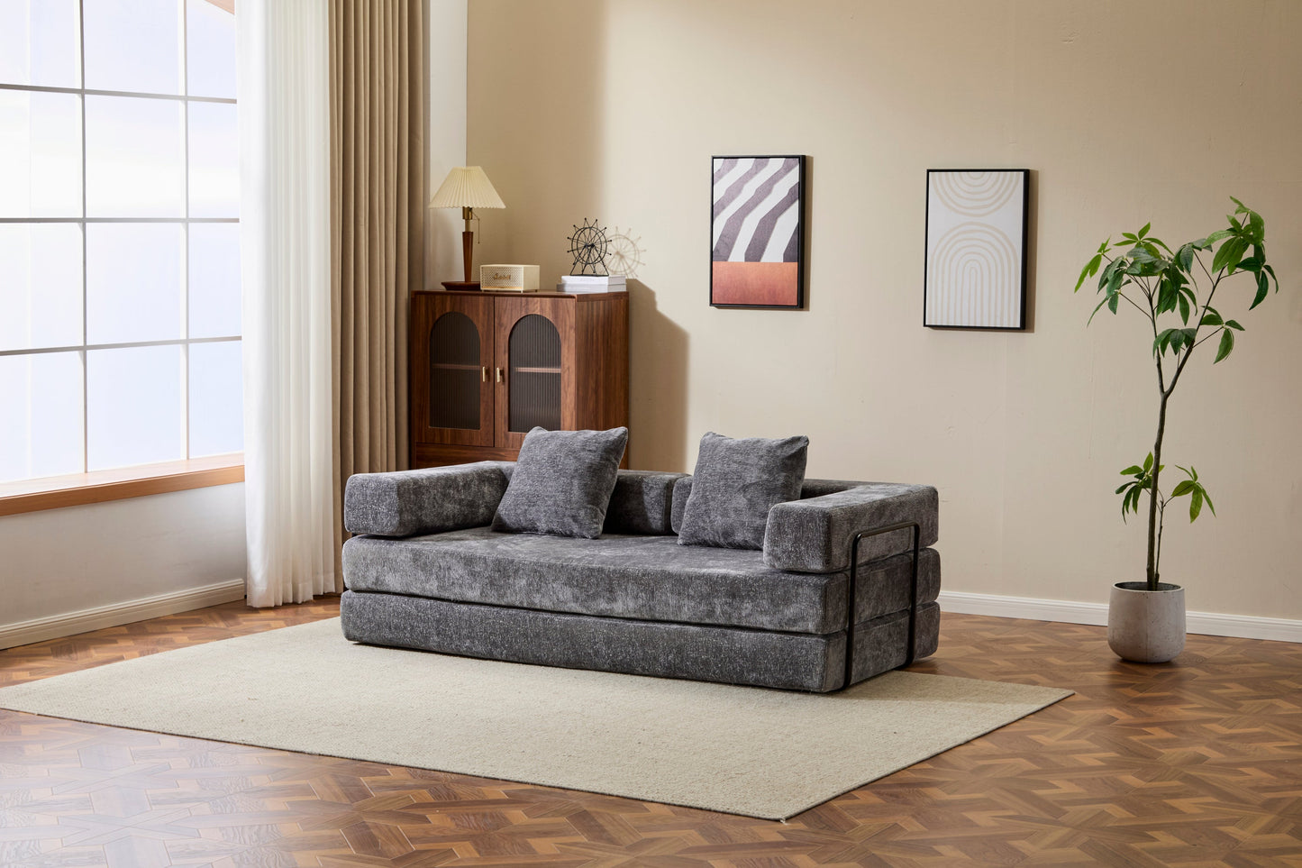 NEW Floor Couch,Compression Sofa,Convertible Floor Sofa Bed-with Pillow Back Support Armrest,Comfy Futon Couch Lounge Sleeper Bed,Chenile fabric,for Living Room Bedroom (DARK-GREY)