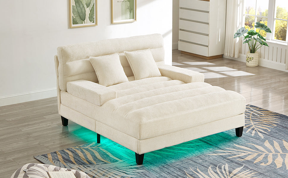 NEW Modern Beige Chaise Lounge Sofa 57.1' Bed Chenille Upholstered Lounge Chair with Adjustable Backrest and LED Light Strip