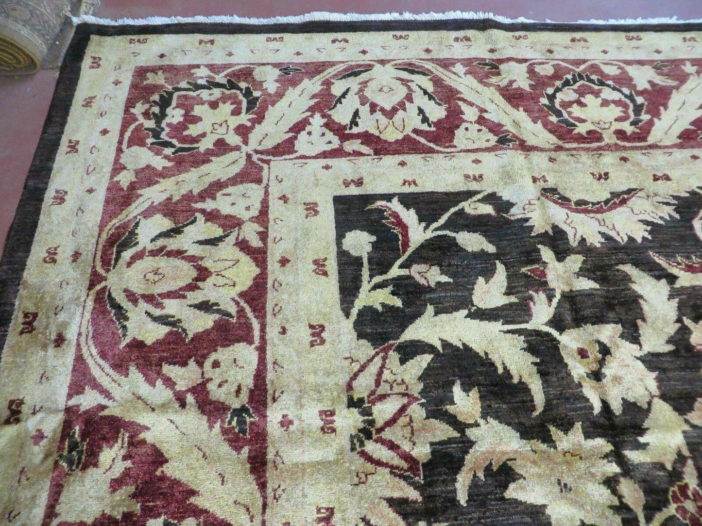 USED 11' X 15' Vintage Hand Knotted Indian Agra Wool Rug Hand Made Dark Brown Floral