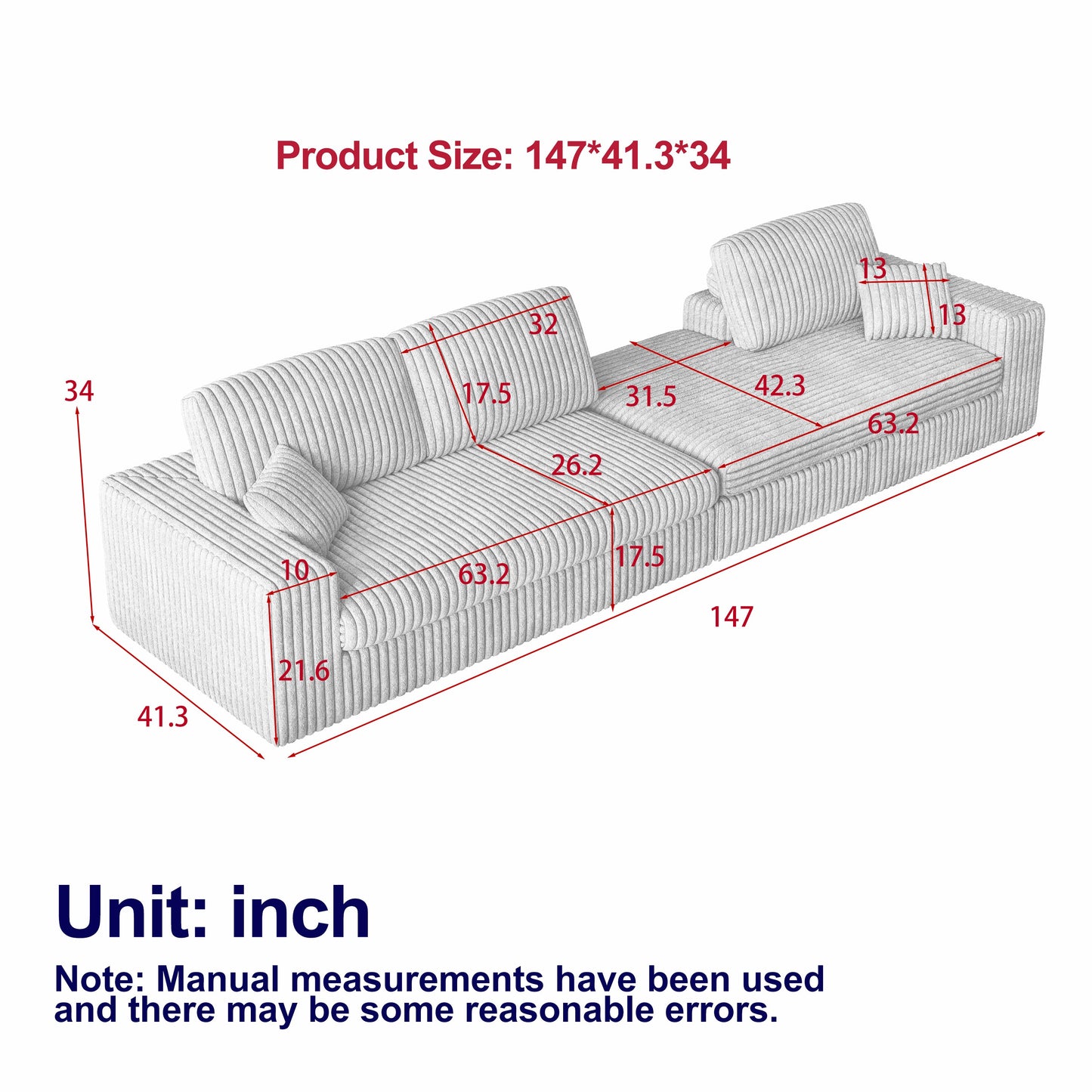 NEW 114.5' Modern Corduroy Modular Foam Sofa Recliner Seat Reversible 2-in-1 Sofa Recliner L-Shaped Combination with Three Cushion Neck Pillow Combination and Two Throw Pillows